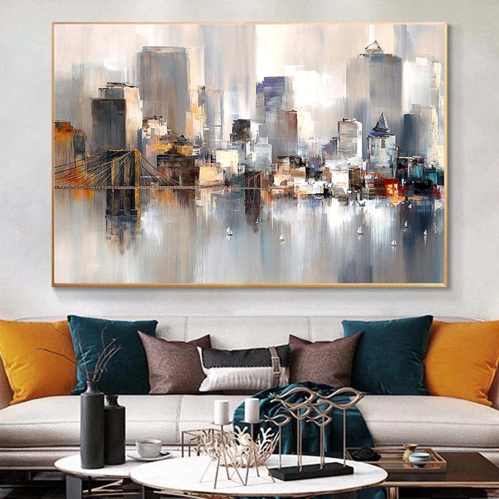 Stampa artistica da parete moderna su tela di New York City Night Skyline di Manhattan di notte, opera d'arte per soggiorno, decorazione artistica da parete con cornice, 50,8 x 101,6 cm, regalo