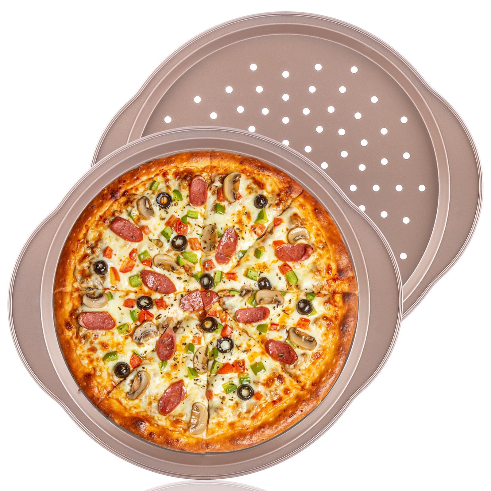 Ghligna 2 Pack Pizza Trays for Oven with Holes, 14 Inch Carbon Steel Pizza Pan Round Baking Oven Trays for Oven Non Stick with Handle, Gold