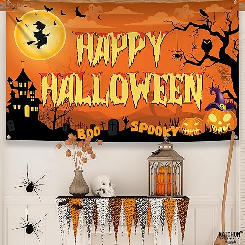 Miniatura 6 de KatchOn Pancarta espeluznante de Feliz Halloween, extragrande, 72 x 44 pulgadas, telón de fondo naranja de fotos de Halloween para decoraciones y
