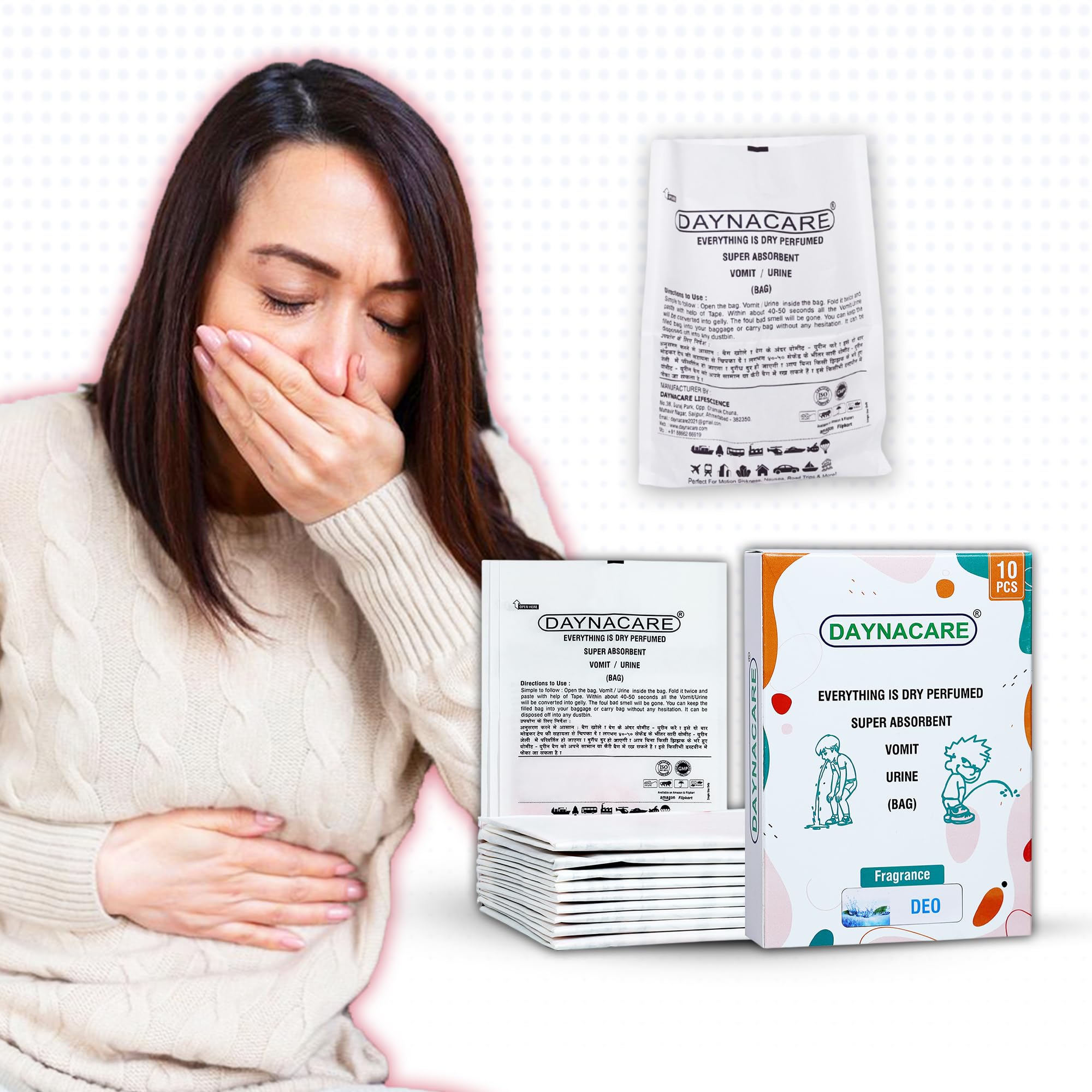 Deo Scented Vomit Bags for Travel – Pack of 10 | Travel Motion Sickness Disposable Bag | Leak-Proof, Odor-Control | Emesis Bags| Good for All Ages, Kids, Adult and Pregnant Women