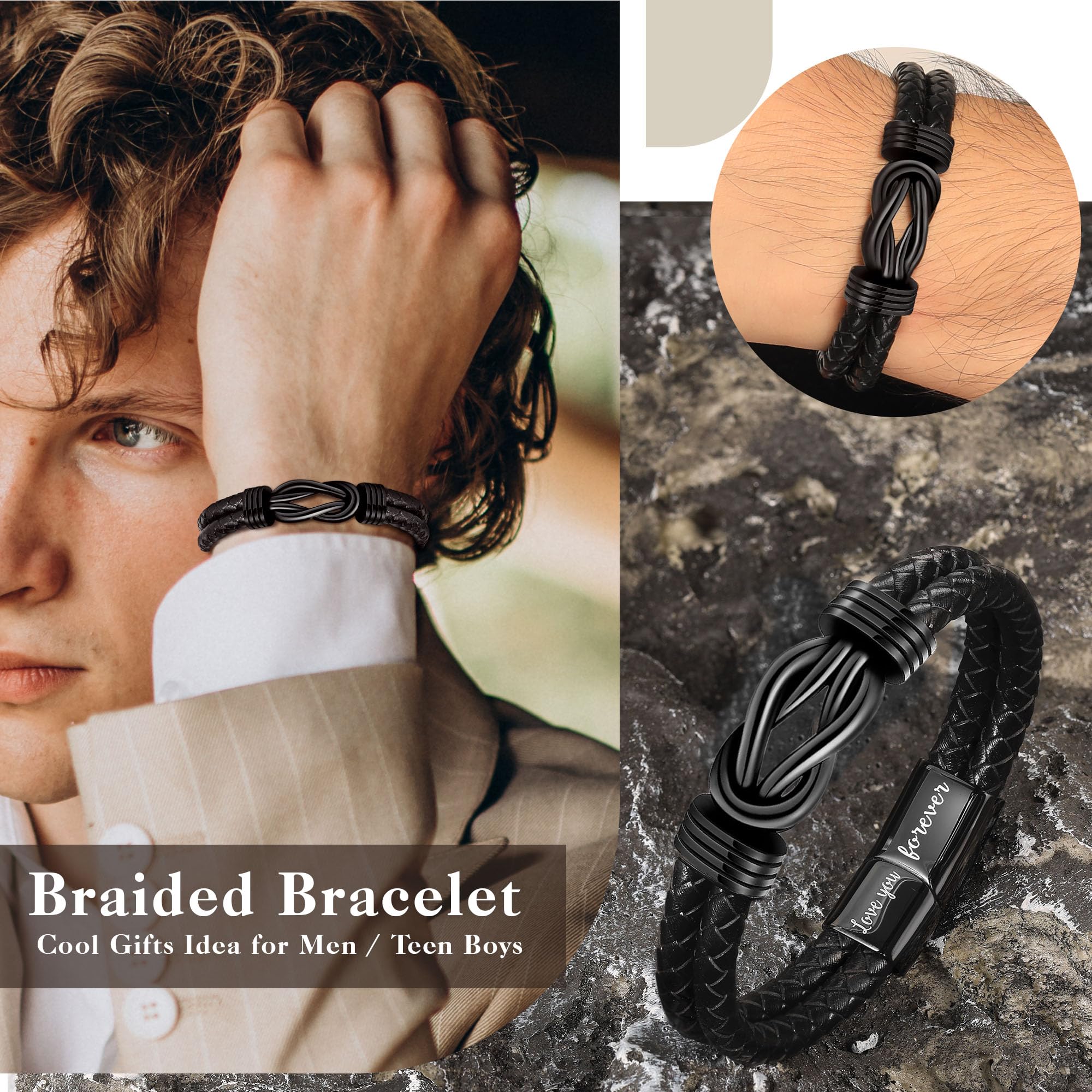 Regalos para hombres, rellenos de calcetines de Navidad para adolescentes, pulseras de cuero para hombres, regalos para él, pulseras de infinito, regalo de cumpleaños para novio, hijo, nieto, esposo 2