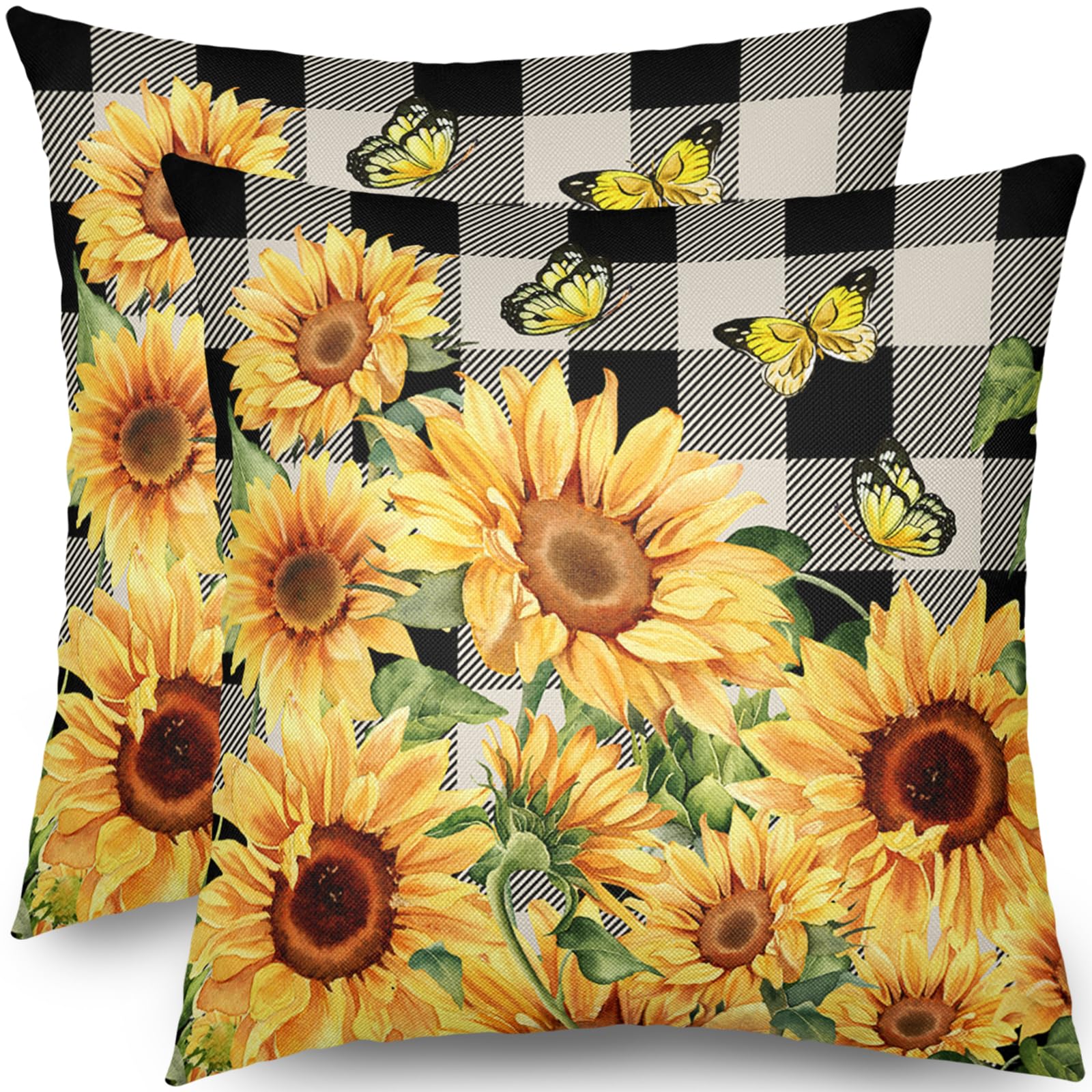 Sunflower Pillow Covers 16x16 Set of 2 Yellow Floral Butterfly Spring Summer Buffalo Plaid Outdoor Decorative Throw Pillows Farmhouse Pillowcases