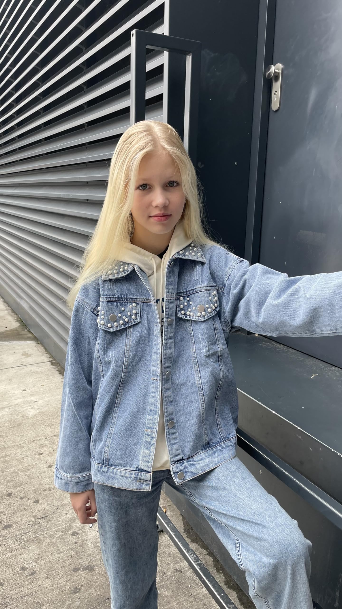 Rolanko Chaquetas de mezclilla para niñas, chaqueta básica de gran tamaño para niñas, ropa de otoño con botones, chaqueta de camionero de 5 a 14 años