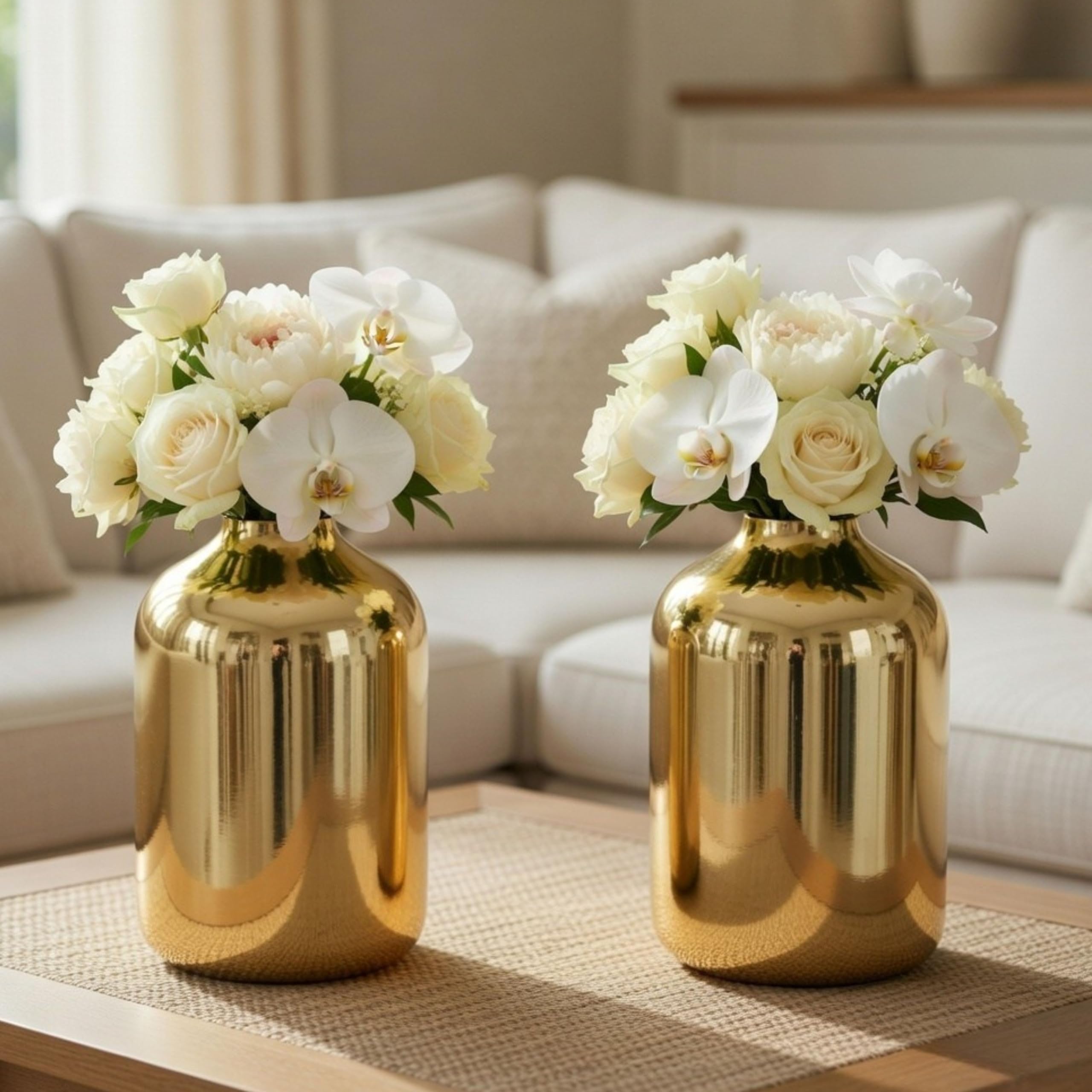 BEHOMA Metal Flower Vase Set of 2, Gold | Modern Metal flower vase in Gold – for fresh or artificial flower displays for living room – great wedding gift (Set of 2)