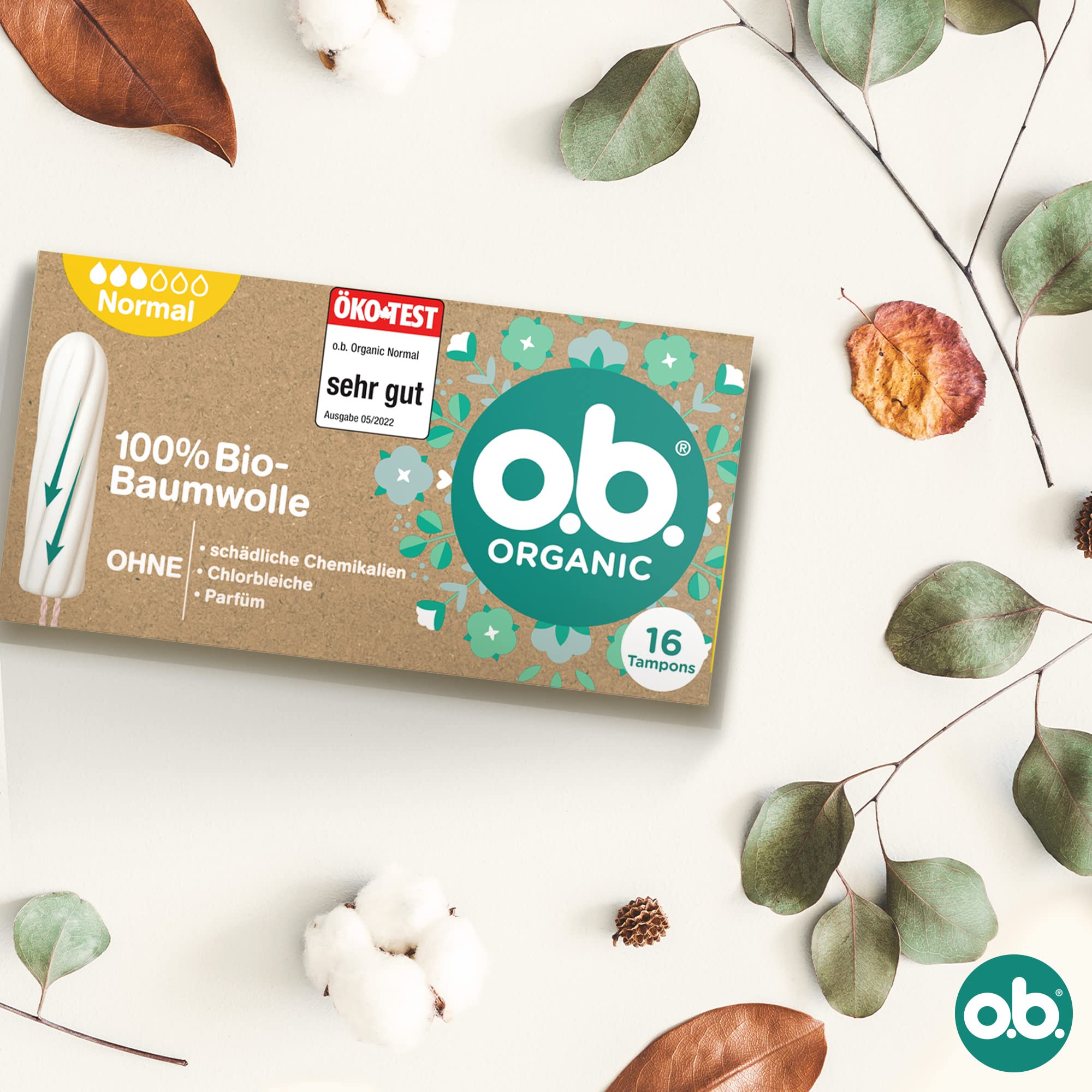 o.b. Organic Normal (16 sztuk), tampony ze 100% bawełny ekologicznej z łukowatymi rowkami na średnie/mocniejsze dni, zapewniają niezawodną i naturalną ochronę podczas okresu