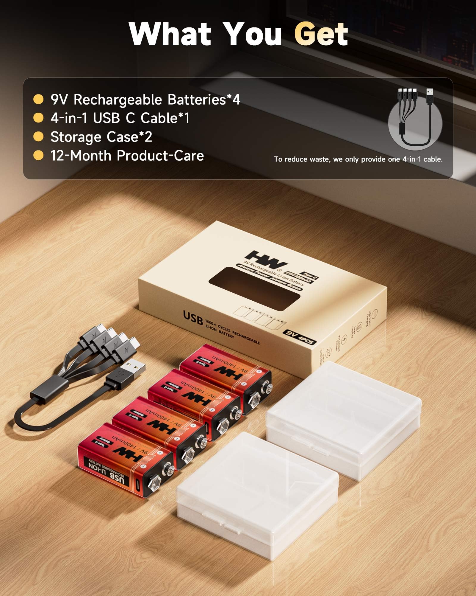 HW Baterías recargables por USB de 9 V, paquete de 4 baterías de litio recargables para detectores de humo, alta capacidad de 1400 mAh, carga rápida USB-C, 1600 ciclos