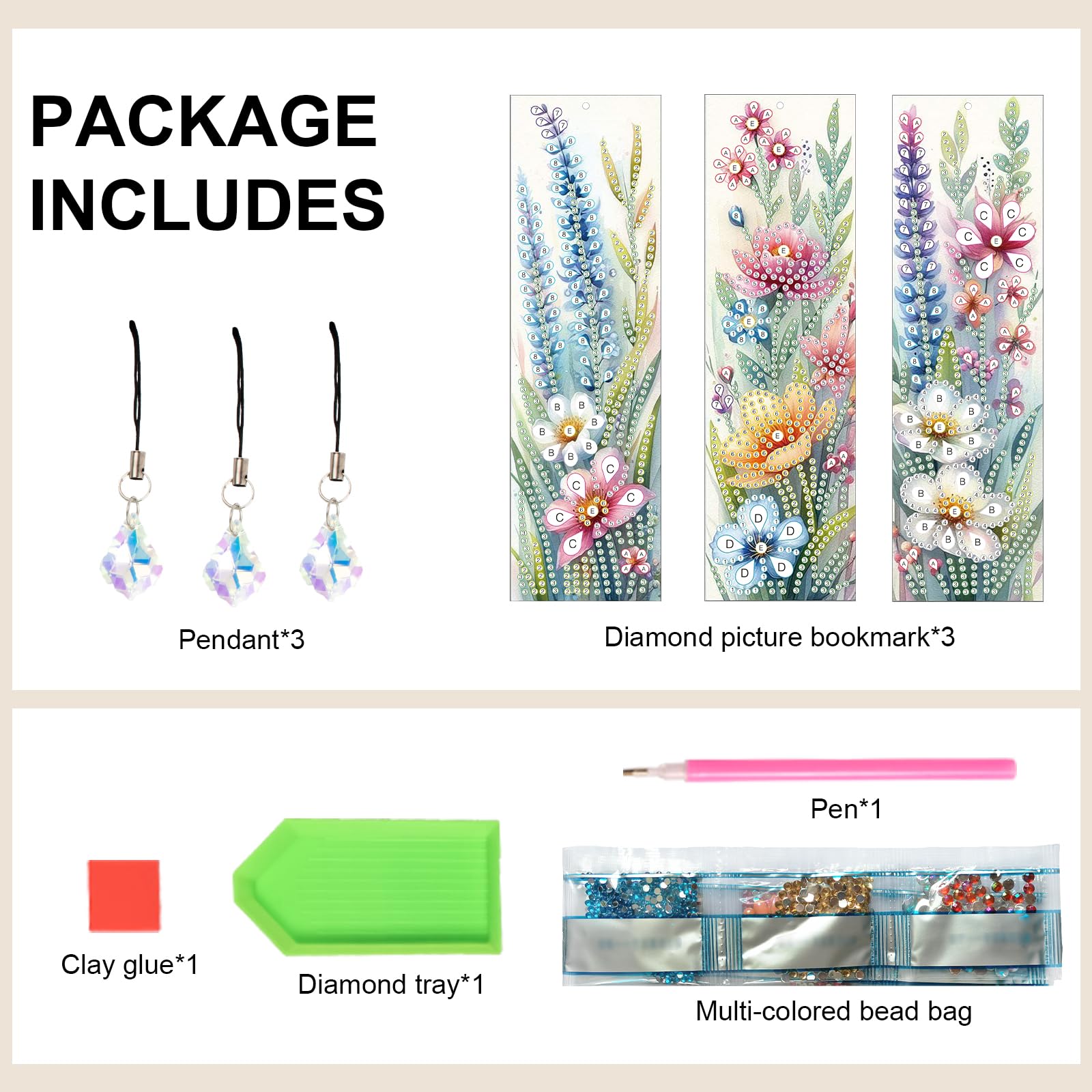 DCIDBEI 3-Piece 5D Diamond Painting Bookmark Kits - Flowers - DIY Beads & Leather Tassel Bookmarks for Adults & Beginners - Image 3