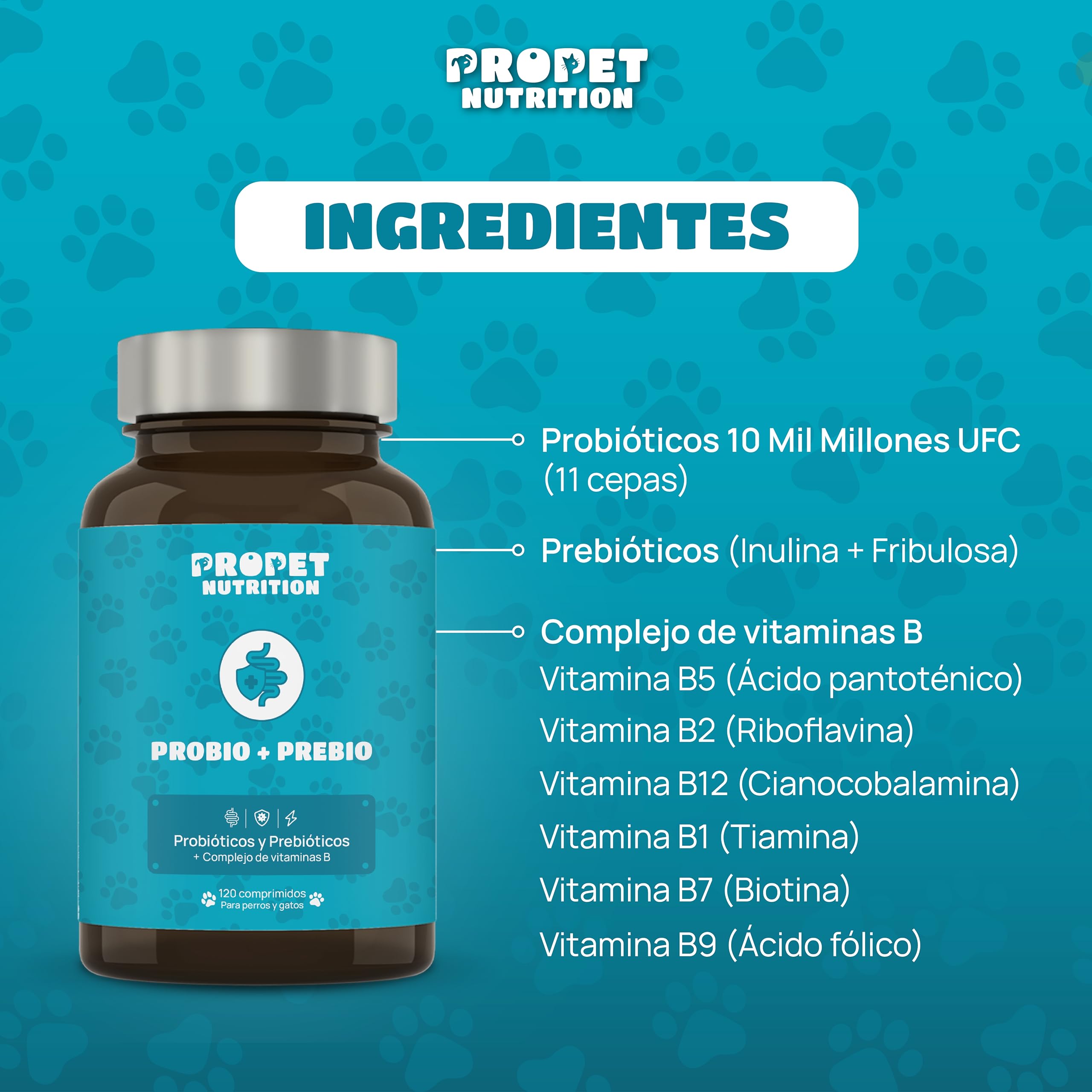 Probioticos Perros 10 Mil Millones UFC. Prebióticos y Vitamina B Complex. 11 Cepas Óptima Salud Intestinal. Refuerza Bienestar Gastrointestinal Perros. 100% Natural. 120 Comprimidos