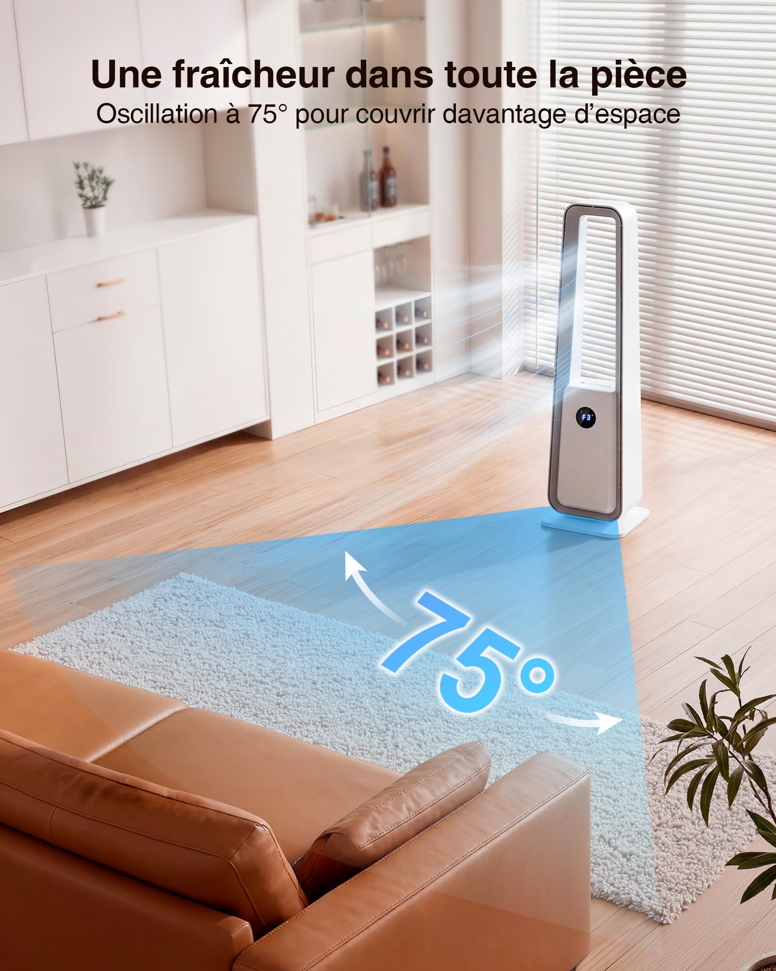 Ventilateur Colonne Sans Pales: Ventilateur Tour Silencieux avec Télécommande - Oscillation 75° Minuterie 12H Écran LED 3 Modes Ventilateur Sans Lame pour Chambre/Bureau/Salon/Enfants/Coucher