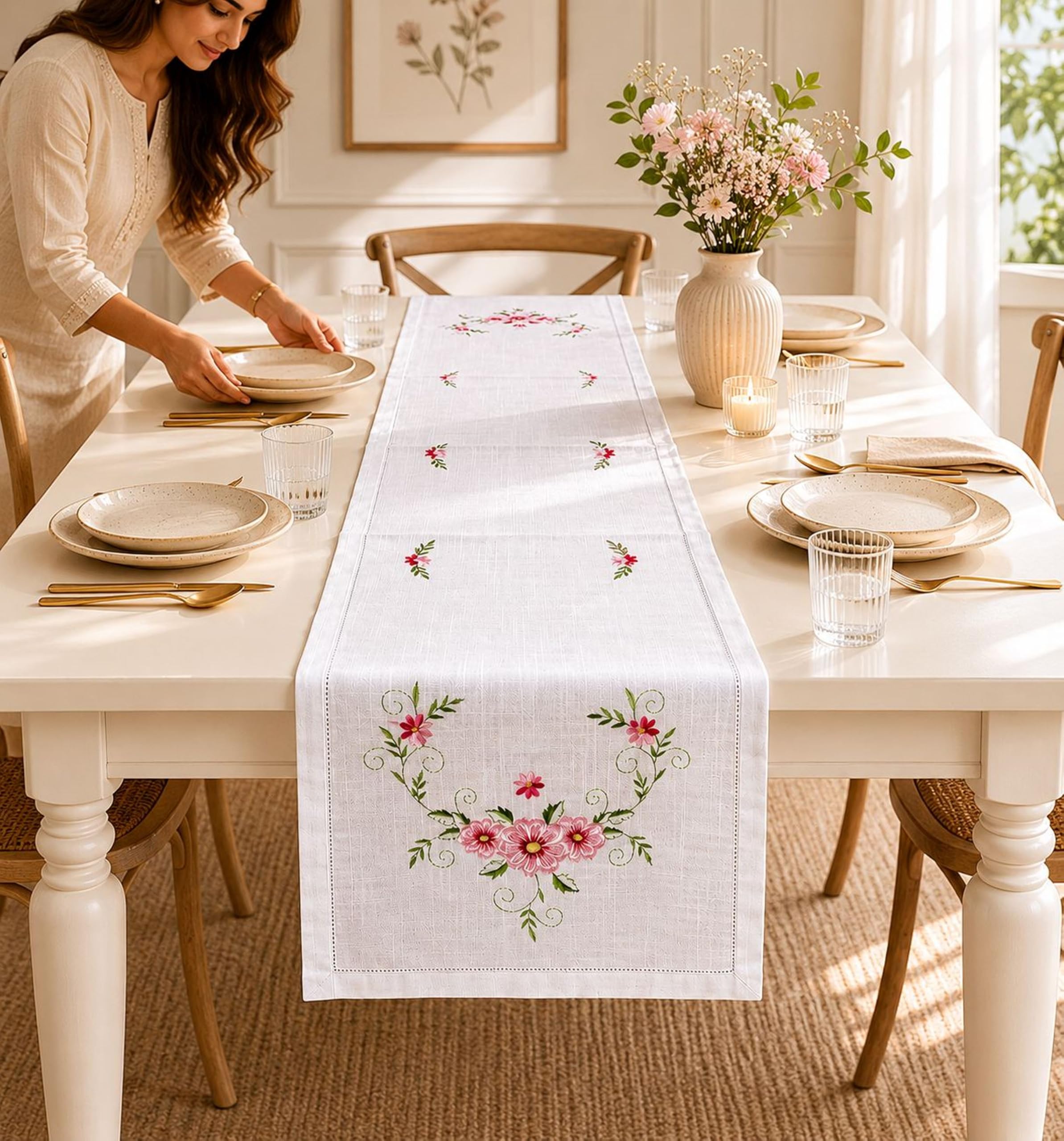 monkdecor premium table runner with elegant floral embroidery border, dining table linen runner for kitchen, living room, housewarming & special events |15x70 inches, pink flower