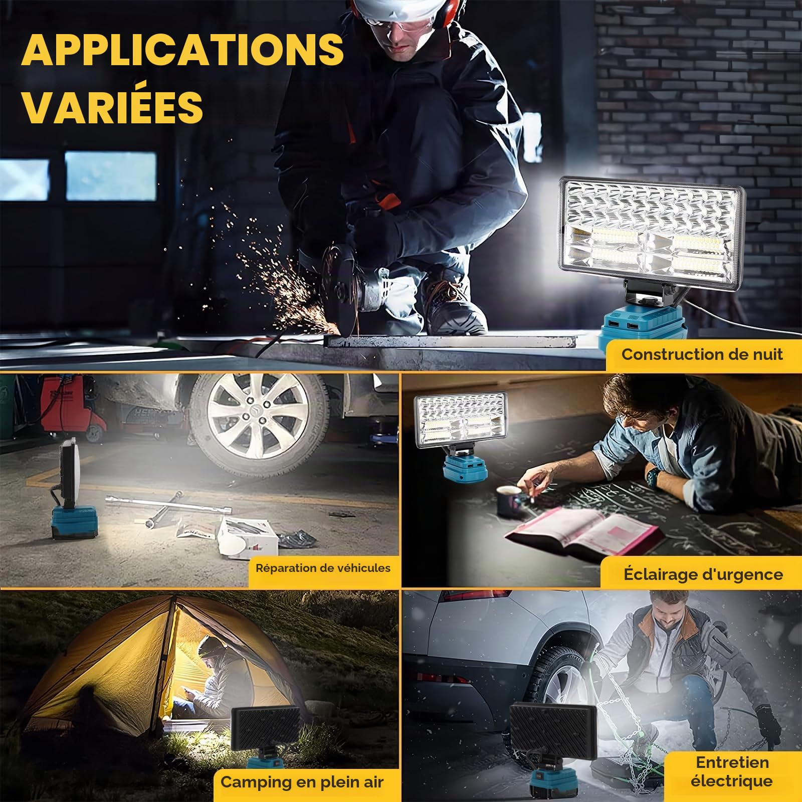 Lampe de Chantier pour Makita 18V, 6000LM Projecteur Chantier Portable, 2 Modes, Lampe LED Rechargeable avec 2 Ports Chargement USB, IP65, pour Garage, Camping, Panne de Courant (sans Batterie)
