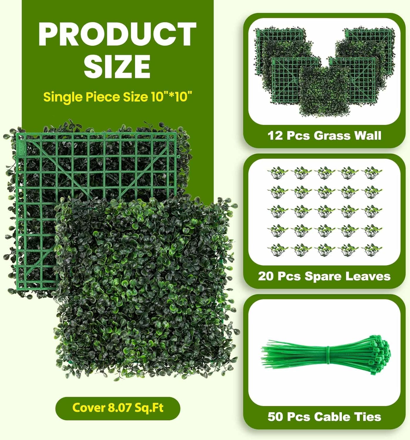 KASZOO Artificial Grass Wall Panel - 12 Pack 10"x10" Boxwood Panels for Greenery Wall Decor Faux Greenery Outdoor Privacy Fence Panel Screen Grass Backdrop for Wall, Wedding, Balcony, Backyard, Patio - Image 2