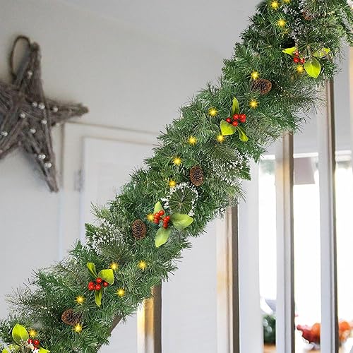 Miniatura 7 de Juegoal Guirnalda de Navidad preiluminada de 9 pies, guirnalda de vegetación artificial de Navidad con 50 luces LED blancas cálidas, funciona con