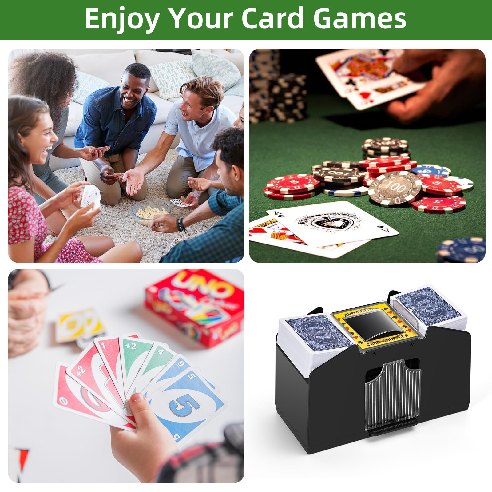 Barajador automático de cartas de 1/2/4 cubiertas, barajador de cartas eléctrico con pilas para UNO, juego de cartas de casino, póker, fase 10, blackjack, Texas Holdem, juegos de cartas para 6