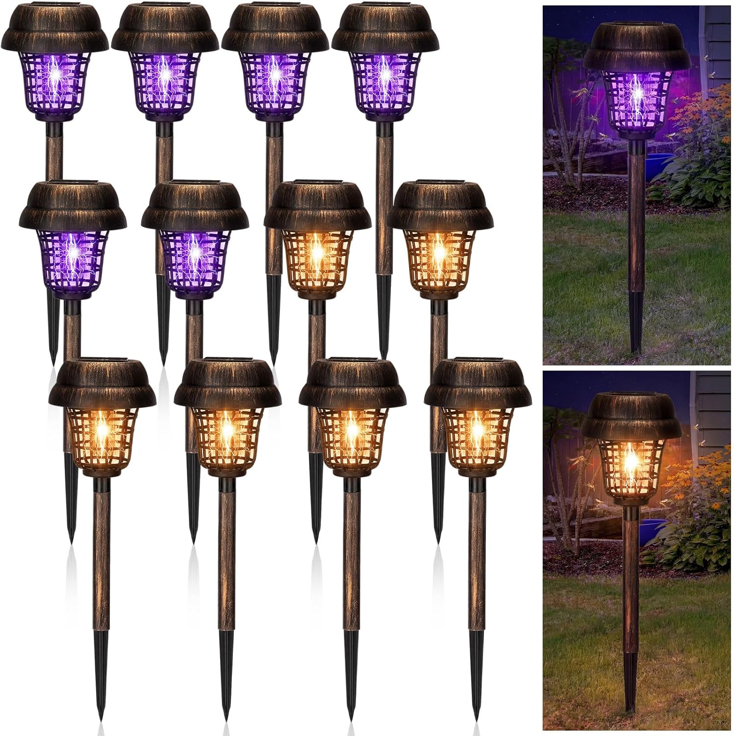 Qualirey 12 Pcs Solar Mosquito Zapper Outdoor Waterproof Solar Powered Bug Zapper Outdoor Mosquito Killer Lamp Trap Repellent Light for Garden Yard Insect (Purple and Colorful Light,Bronze)