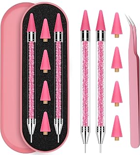 Rhinestone Picker Tool, 2 Rhinestone Dotting Tool Wax Pen Dual-Ended with 4PCS Replaceable Wax Tips and 1 Tweezer for DIY Nail Art Tool (Purple)