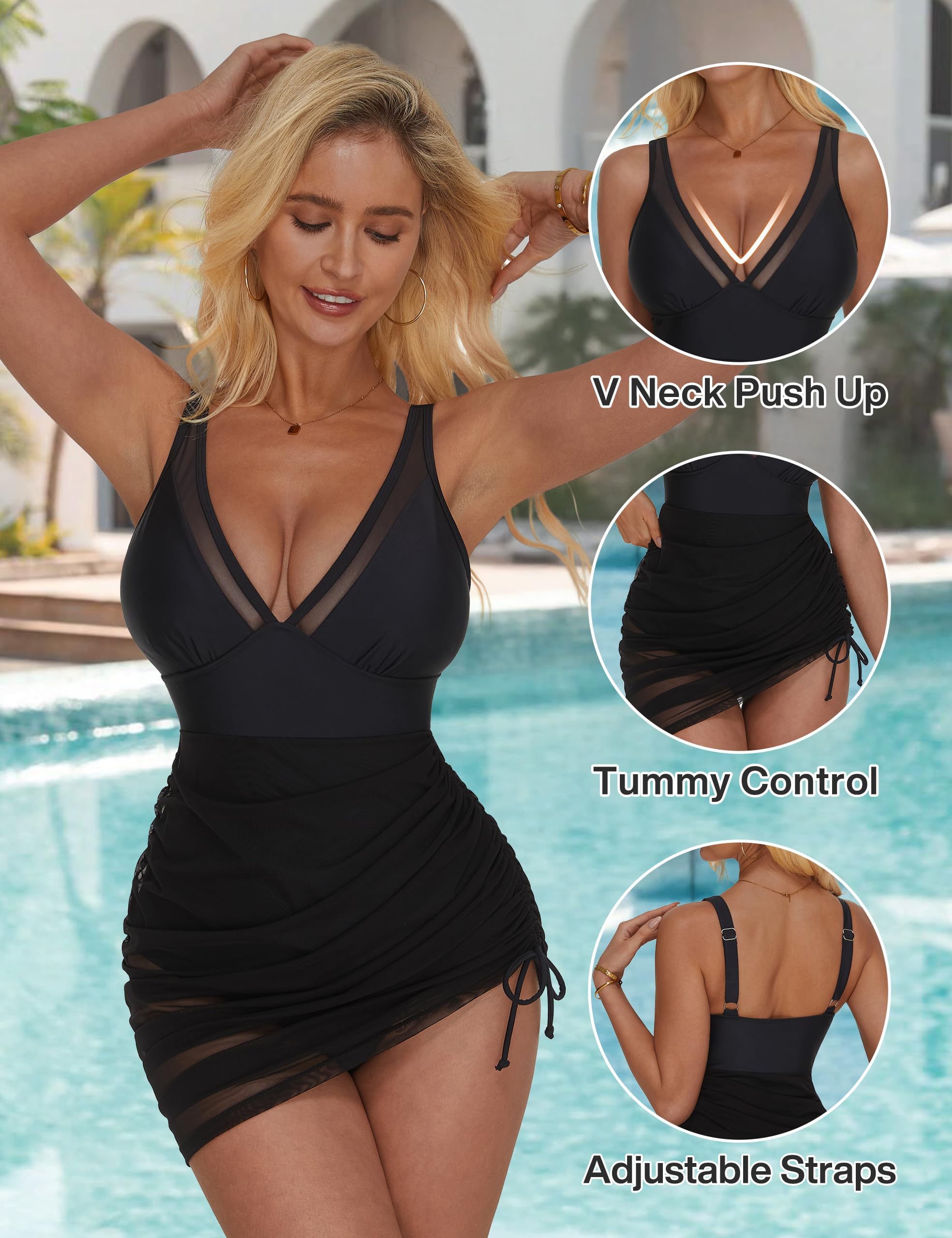 SUUKSESS Women Mesh One Piece Swim Dress Swimsuit Tummy Control Bathing Suit