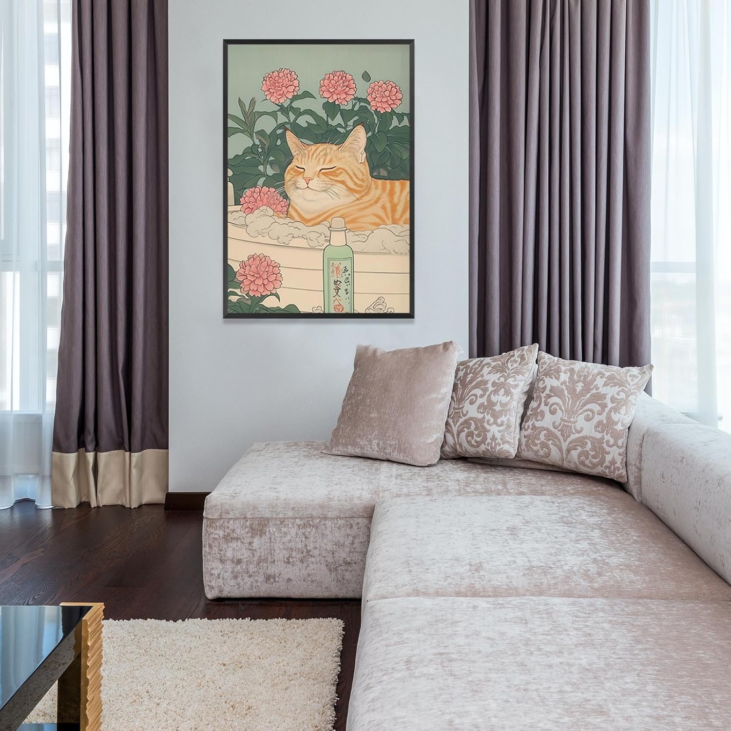 KFDJIG Japanese Ginger Tabby Cat Taking A Bath Posters Animals In The Bathtub Canvas Wall Art Flowers Aesthetic Prints Painting For Bathroom Home Bedroom Dorm Wall Decor 16x24in Framed