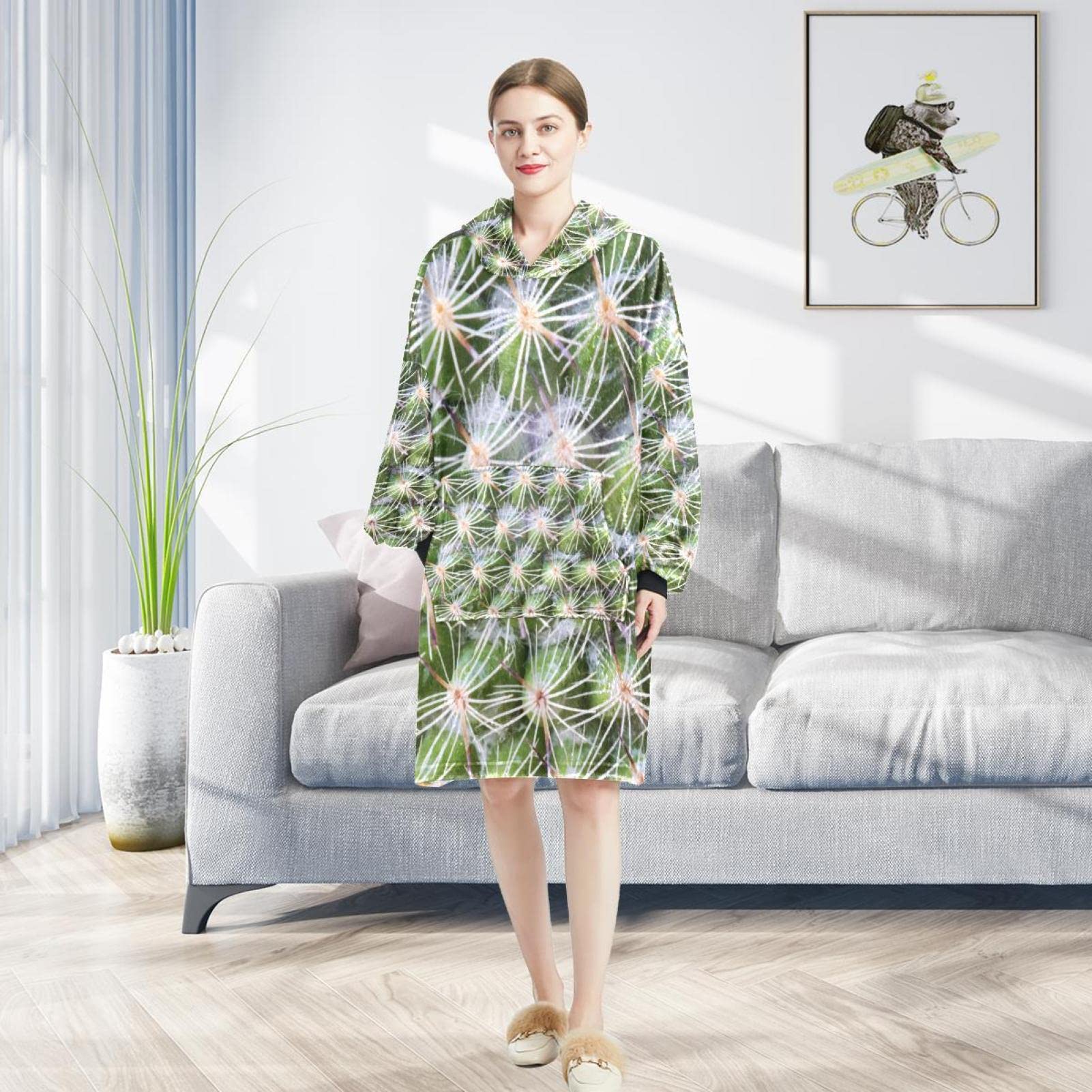 Bluza z kapturem do noszenia, ponadwymiarowy koc z kapturem, zbliżenie tapety z kaktusem, wielobarwny, rozmiar uniwersalny