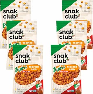 Snak Club Tajin Toasted Corn, Roasted Corn Nuggets with Chili and Lime Seasoning, Mild, Non-GMO, Gluten-Free, Kosher Snack, No Artificial Colors or Flavors, 4 oz Resealable Bags, 6 Pack