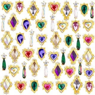 PAGOW 48Pcs Nail Art Heart Drop Rhinestones for Nails, Mix Sizes AB Iridescent 3D Crystals Diamonds Nail Art Heart Drop, Charms Metal Alloy Gold Rhinestone Nail Charms for Crafts DIY Nail Decorations