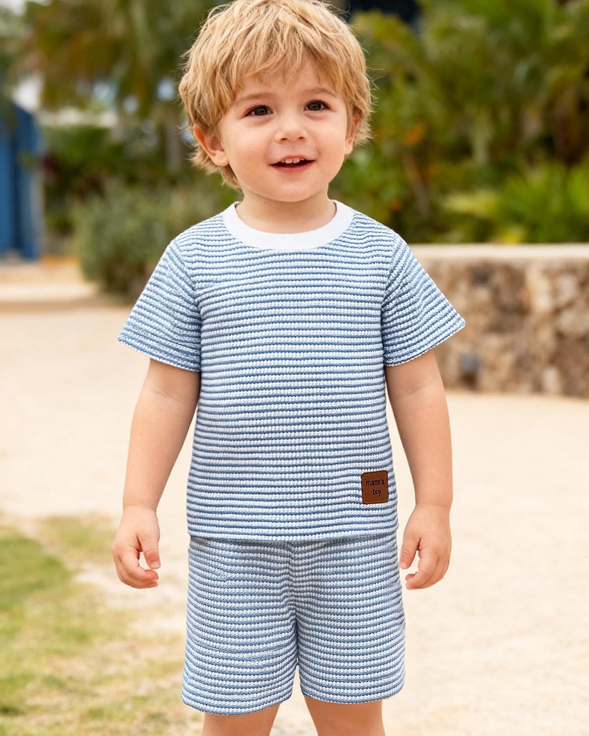 YALLET Toddler Baby Boy Clothes Cute Outfit Striped T-Shirt with Leather Tag + Short Set 3 Months-3 Years