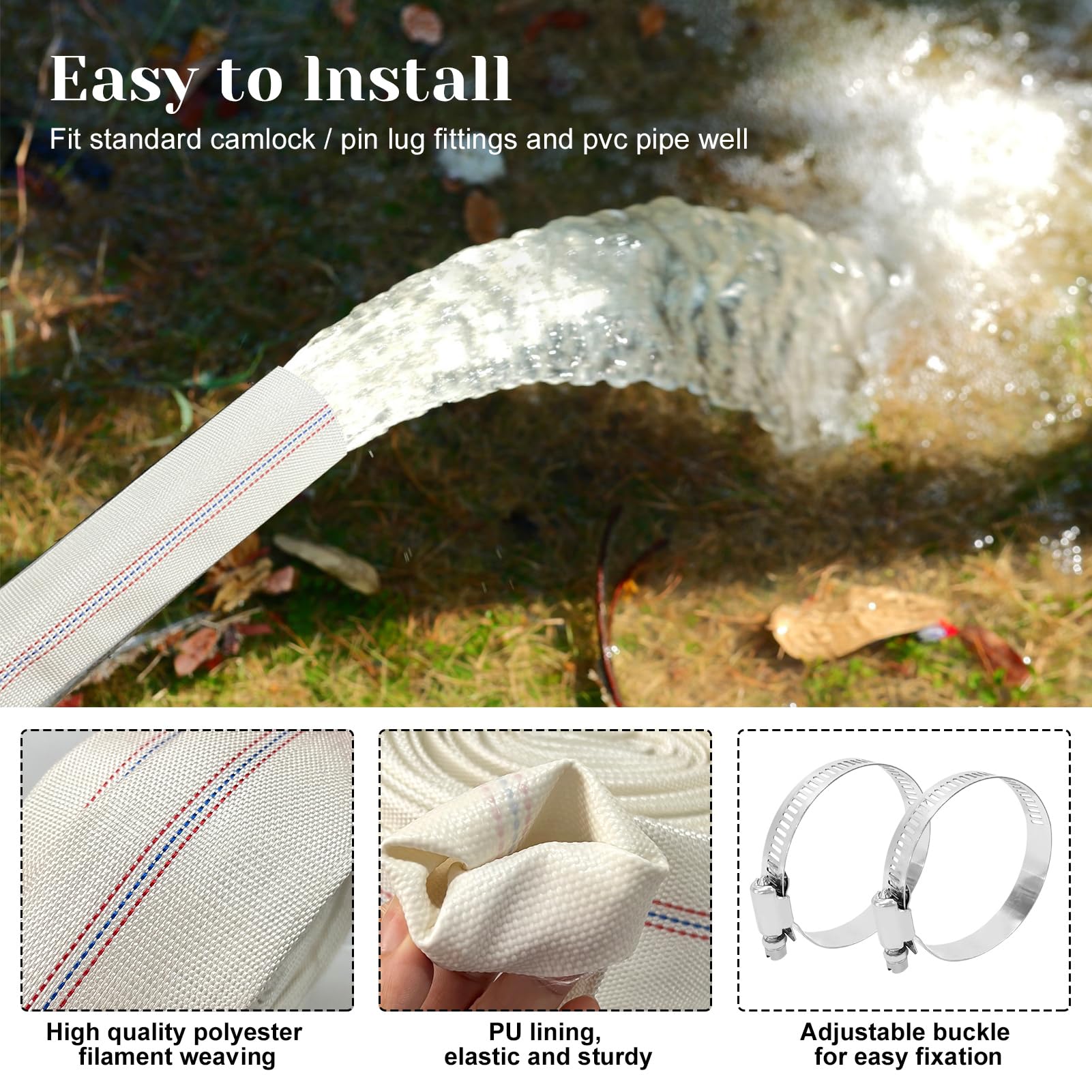 Manguera de retrolavado para alberca de 2 pulgadas x 50 pies de longitud, manguera de drenaje resistente y 2 abrazaderas de manguera ajustables para patio, jardín, césped, piscina