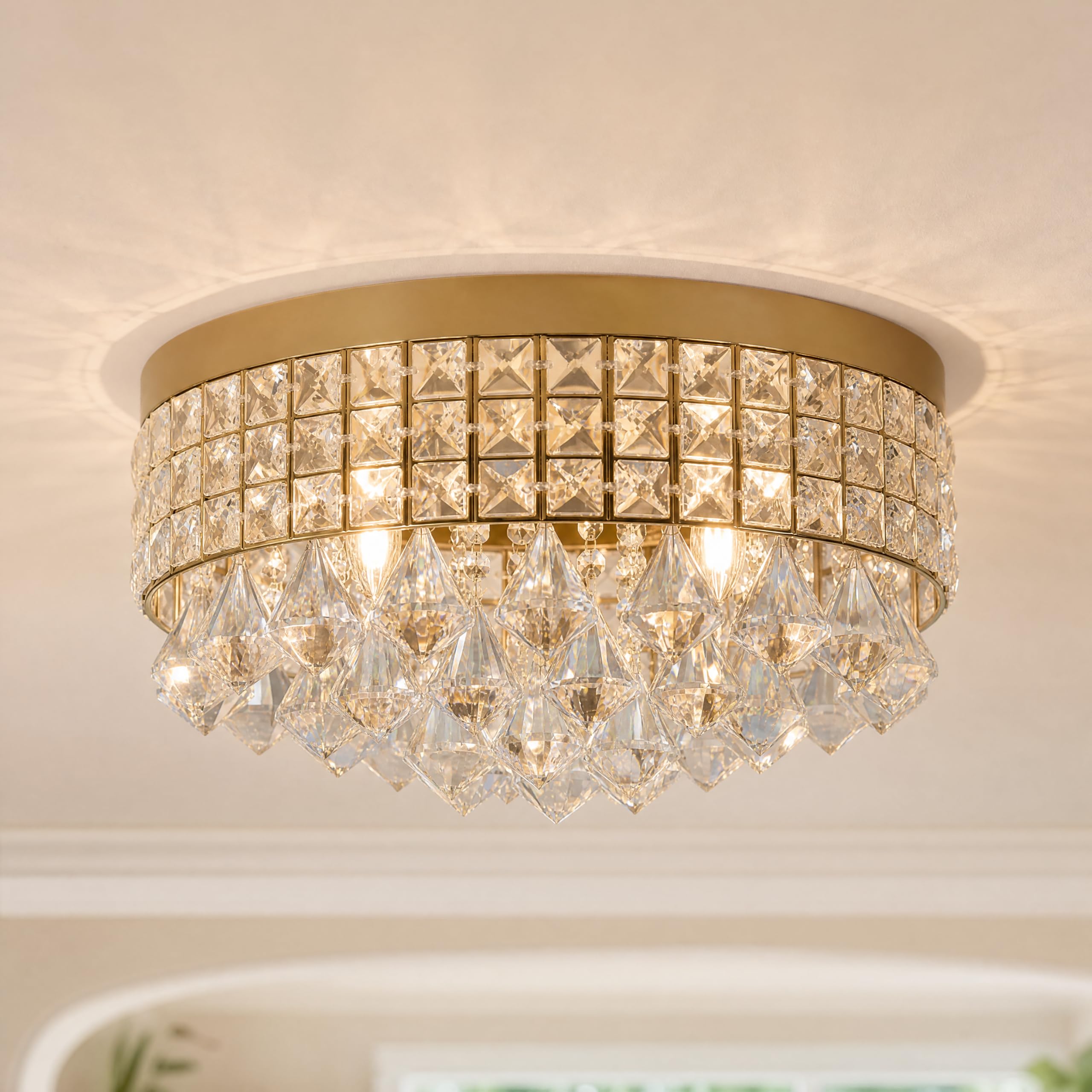 AKMNBDH 39cm Gold Brass Semi Flush Mount Ceiling Light Fitting, Vintage Drum Crystal Chandelier for Living Room Bedroom Hallway