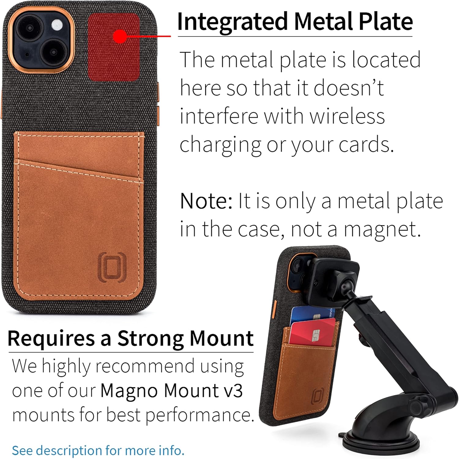 Dockem iPhone 14 Plus Fabric Card Case with Built-in Metal Plate for Magnetic Mounting, Stitched-on Genuine Leather Wallet with 2 Credit Card/ID Slots: M2F 14 Plus [Grey w/Light Brown] - Image 3