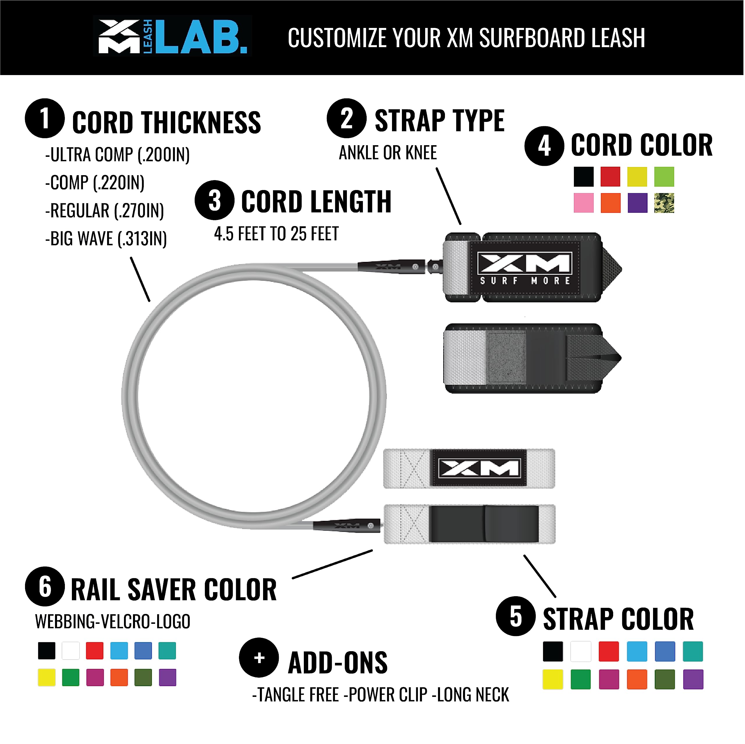 XM SURF MORE Design Your Custom Surfboard Leash, Personalize Colors for Cord Cuff and Rail Saver, Made in USA