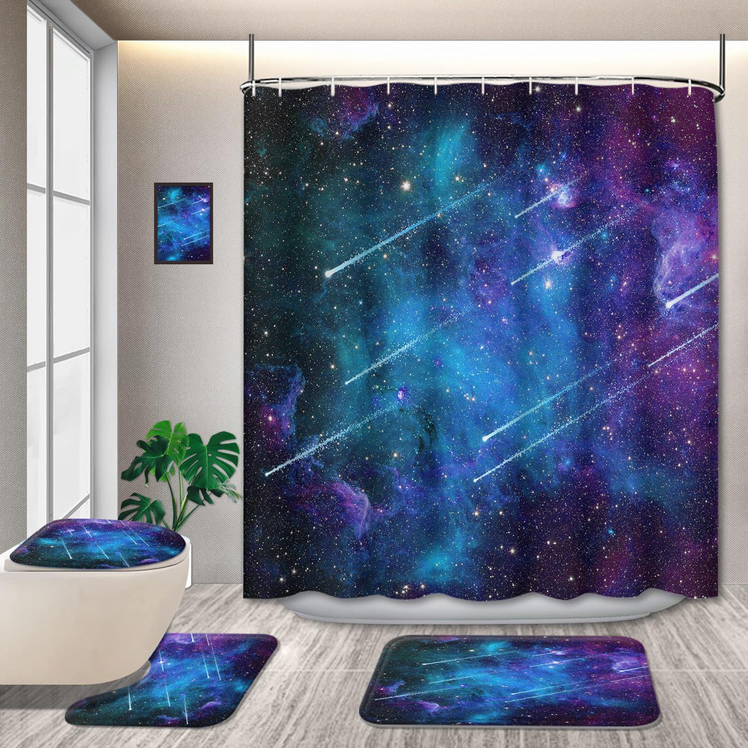 GRIEKOWE 4 Pcs Universe Outer Space Meteor Theme Shower Curtain Set, Galaxy with Non-Slip Rugs Toilet Lid Cover Bath Mat, Bathtub Set Men Boys Trippy