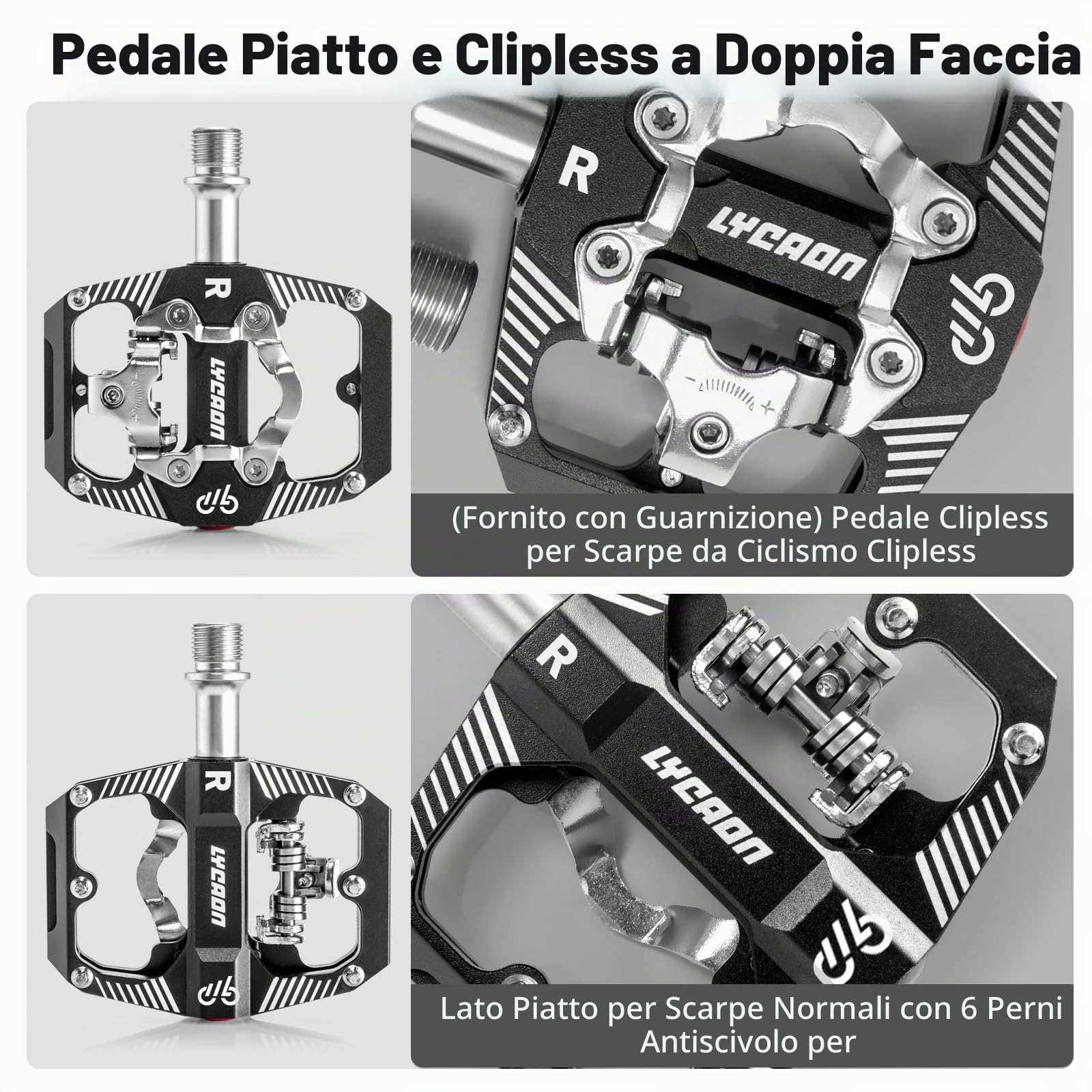 LYCAON Pedale per bicicletta da ciclismo - Pedale a piattaforma per mountain bike a doppia funzione, piatto e senza clip, in alluminio lavorato a CNC, 3 cuscinetti sigillati, compatibile con SPD