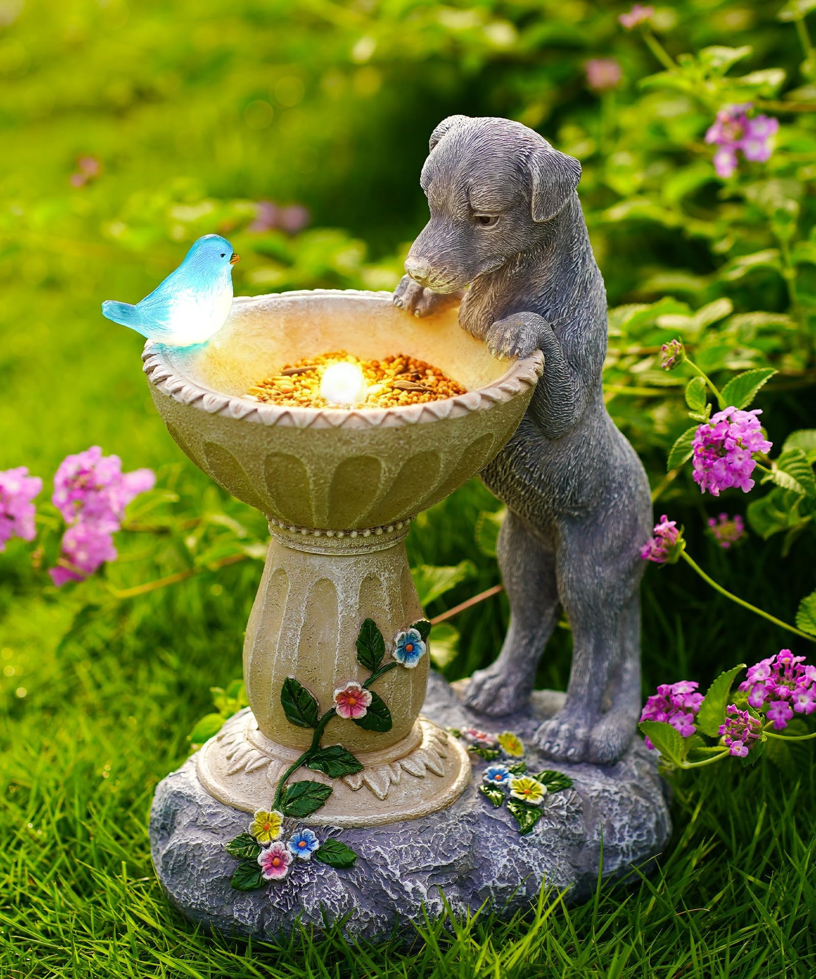 Solar Hund Figuren mit Solar Vogelleuchten Deko für Außen：Lustige Hunde Gartendeko Hundebesitzer Geschenk für Frauen Mama - Wasserdicht Deko für Garten Balkon Terrasse