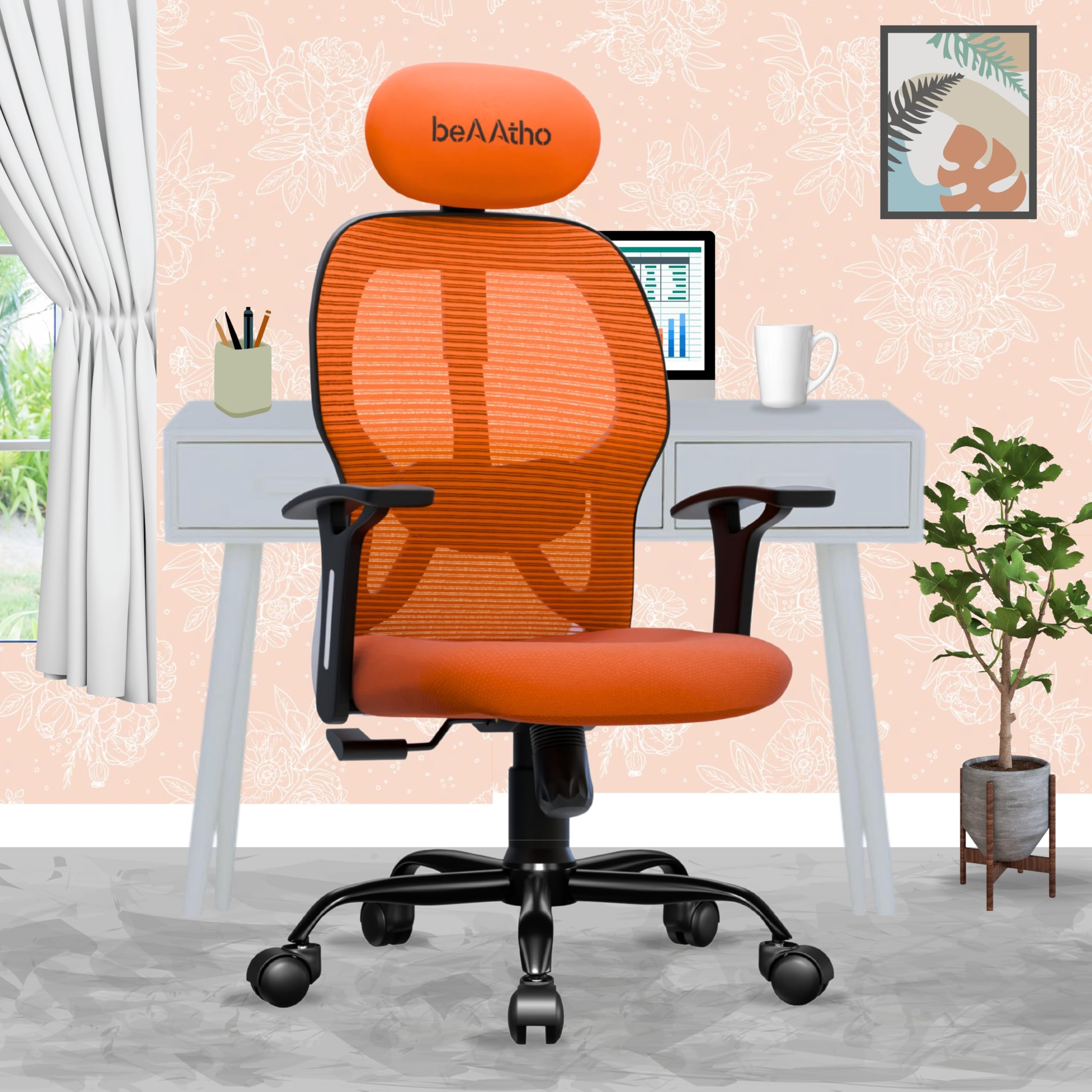 beAAtho® Leo Mesh High Back Office Chair with 3 Years Warranty Study Chair, Computer Chair, Revolving Chair, Desk Chair for Work from Home, Heavy Duty Metal Base, Height Adjustable (Orange)
