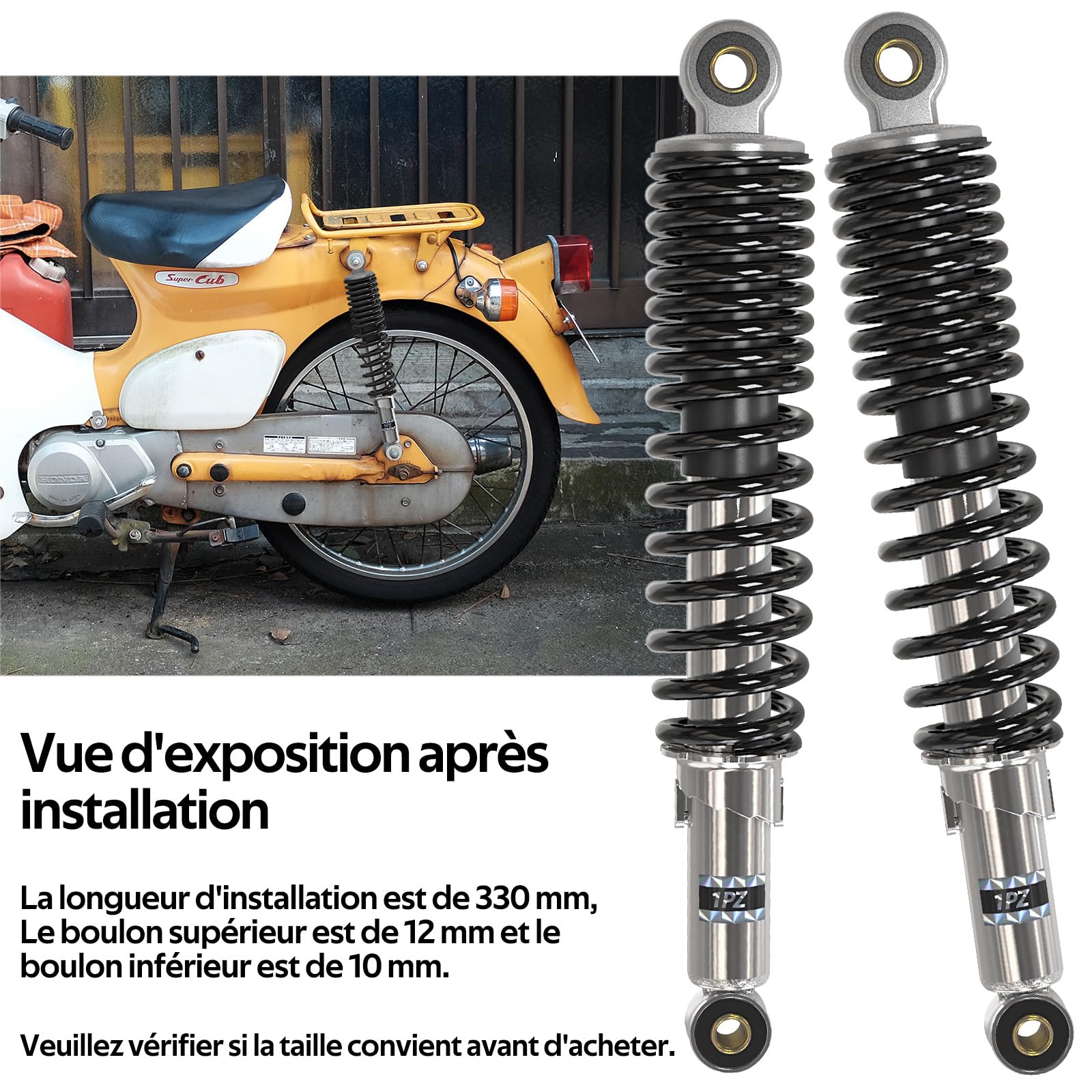1PZ FH8-33M 2 pcs 330mm Amortisseurs de suspension arrière 13 pouces de précharge 5 niveaux réglages remplacement pour Honda Super Cub 50 70 90 110 Petit Cub ATV Quad Dirt Bike ATV Dirt Bike Moto