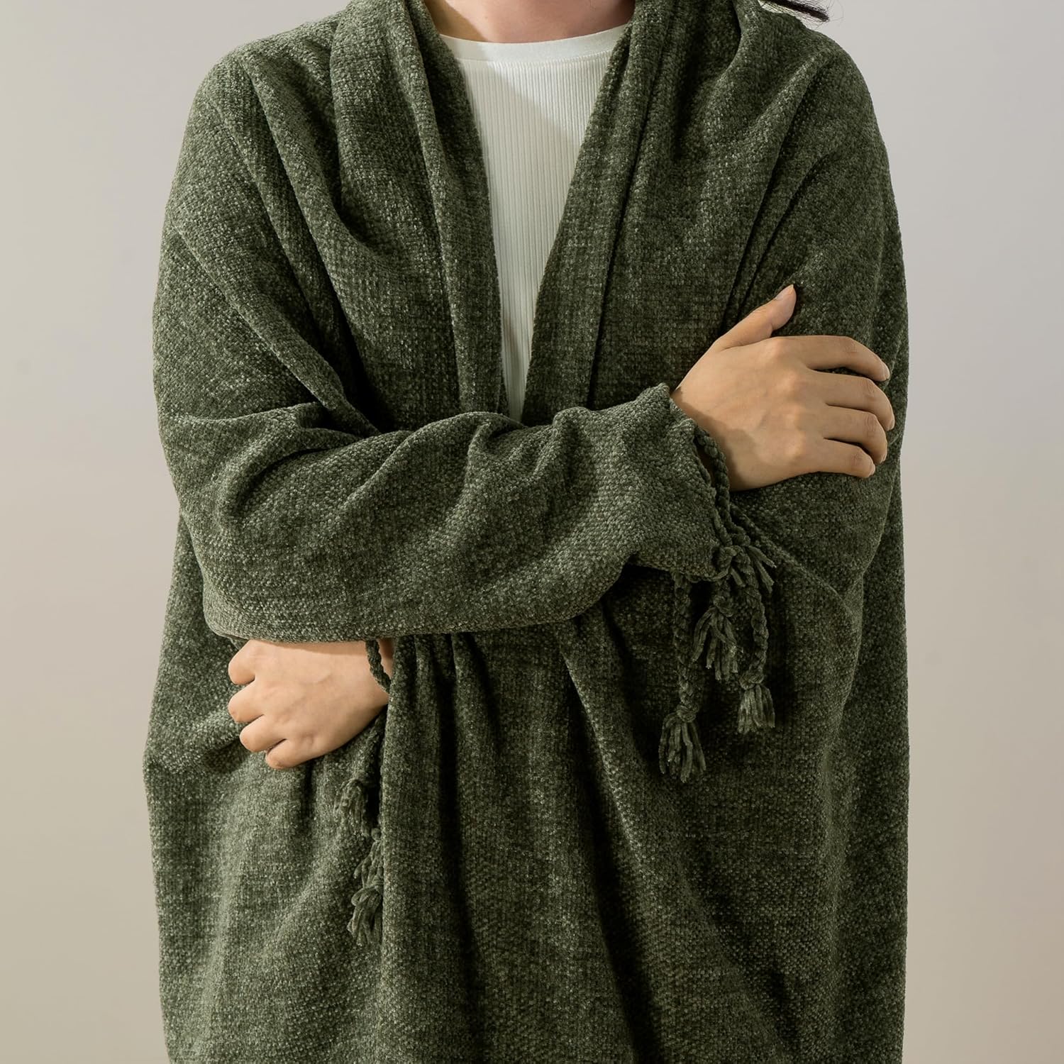 BATTILO HOME Olive Green Throw Blanket for Couch Bed Sofa, Soft Cozy Chenille Throw Blanket with Fringe Tassels, Lightweight Knit Throw Blanket for Home Decor, 50"x60" - Image 8