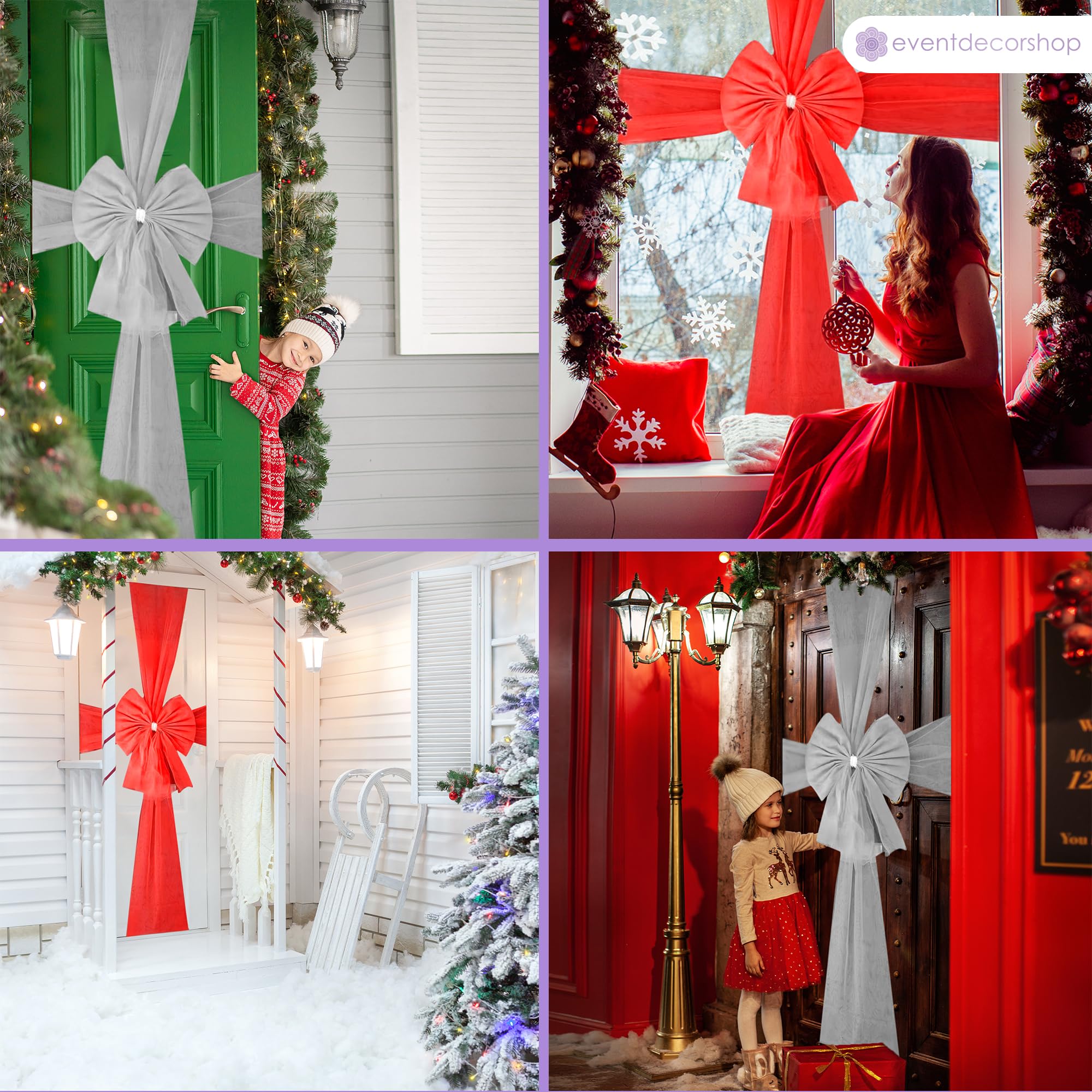 Event Decor Shop Duża czerwona kokarda do drzwi bożonarodzeniowych z diamentem – 7,5 m siatka organzy do drzwi wejściowych na Boże Narodzenie, ślub, baby shower i uroczystości, świąteczna dekoracja