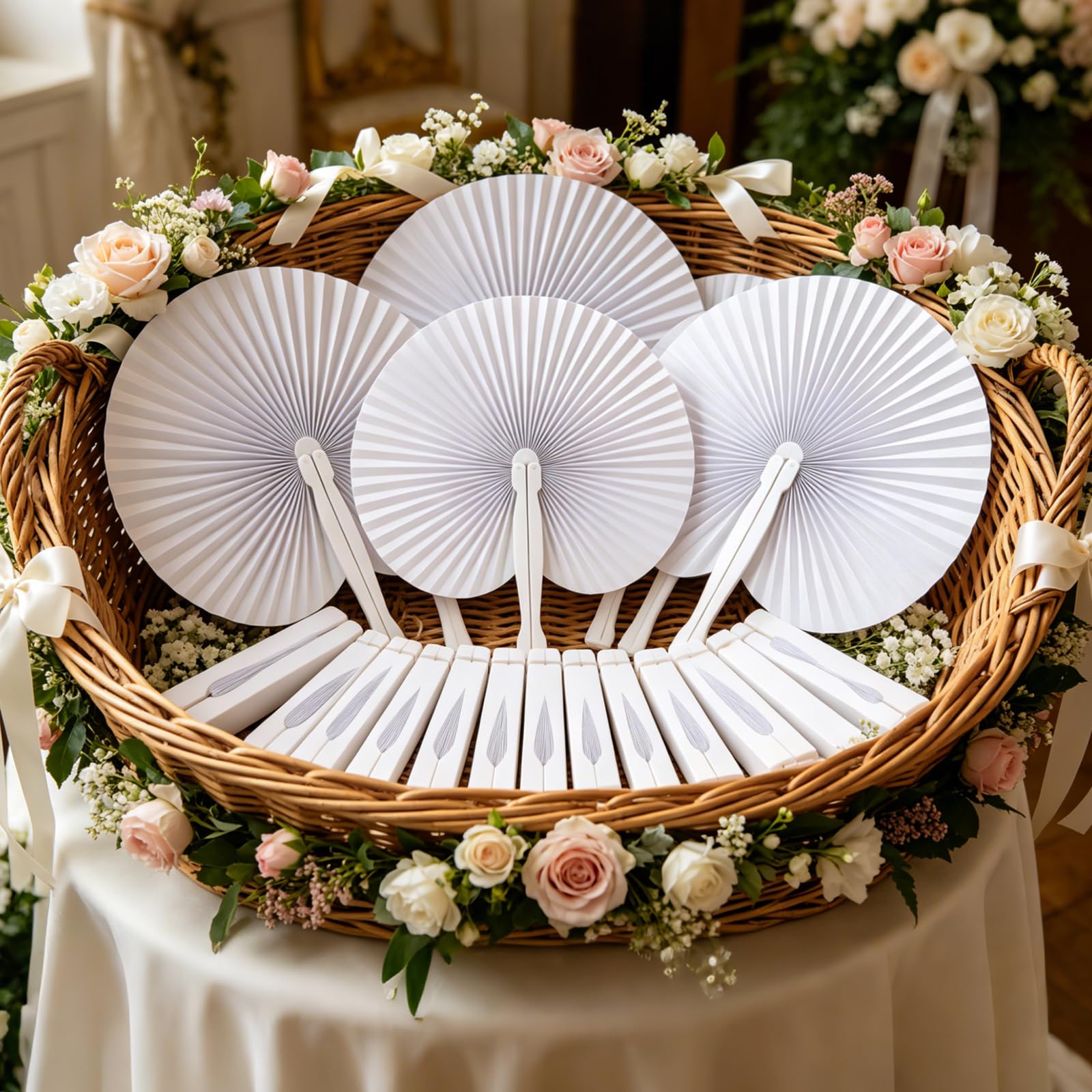 KEYIDO Lot de 60 Éventail Mariage Lot Eventails Blanc Eventail Papier a Decorer Invité Baptême et Fête Peinture Calligraphie Éventails Japonais Poche Pliante