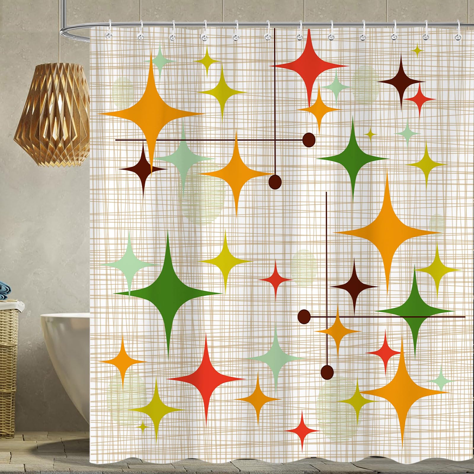 Yuphive Mid Century Modern Shower Curtain, Retro Abstract Geometric Design Bath Curtains for Bathroom, Boho Colorful Unique Stars Pattern Decor