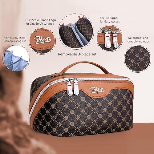 Miniatura 2 de BOYATU Bolsa de maquillaje de viaje para mujer, bolsa de maquillaje portátil con asa, bolsas de aseo de cuero vegano con compartimentos, organizador