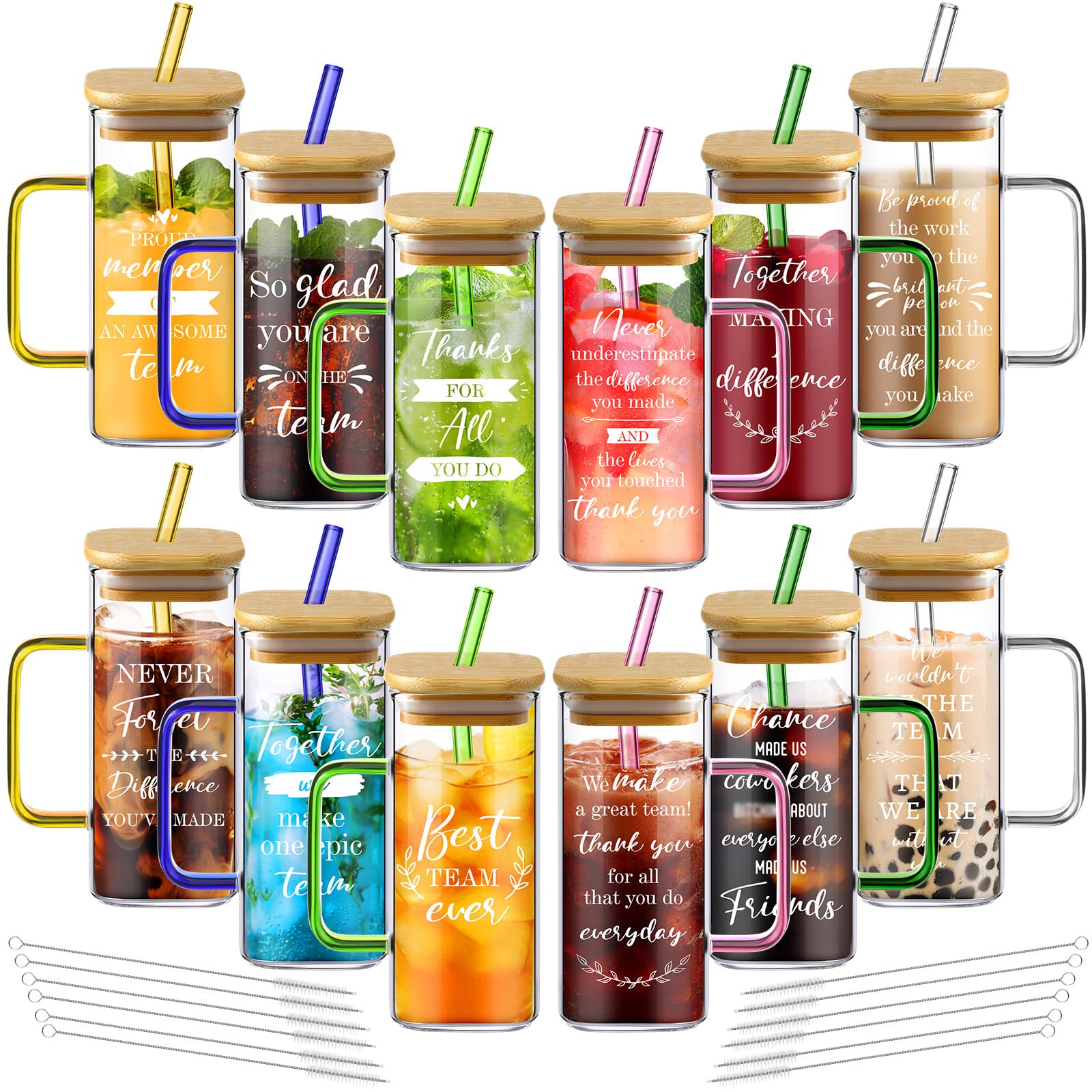Uiifan 12Pcs Team Employee Appreciation Gifts Christmas Gifts for Coworkers Thank You Glass Cups with Lids Straws 13.5 oz Iced Coffee Cups with Handle Bulk for Volunteer Employee(Team Theme)