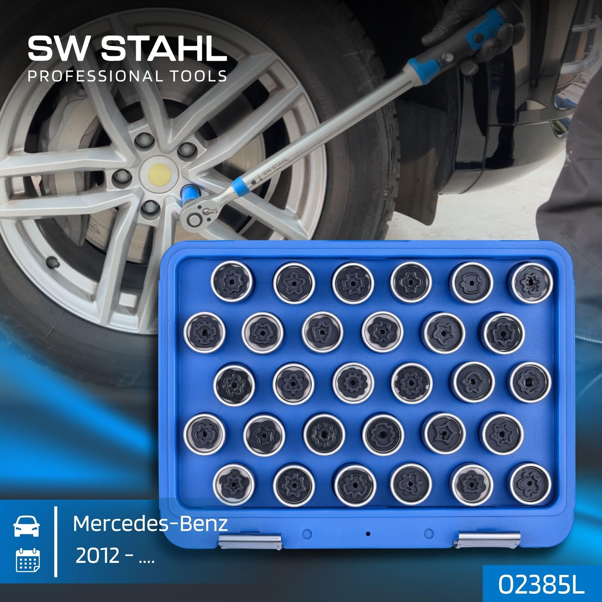 SW-Stahl 02385L Felgenschloss Demontagesatz Mercedes - 30-teilig Set | Radwechsel Felgensicherung Schlüssel Set - Ersatzschlüssel aus Chrom-Vanadium - Adapter 301-330 - Sechskant Profil