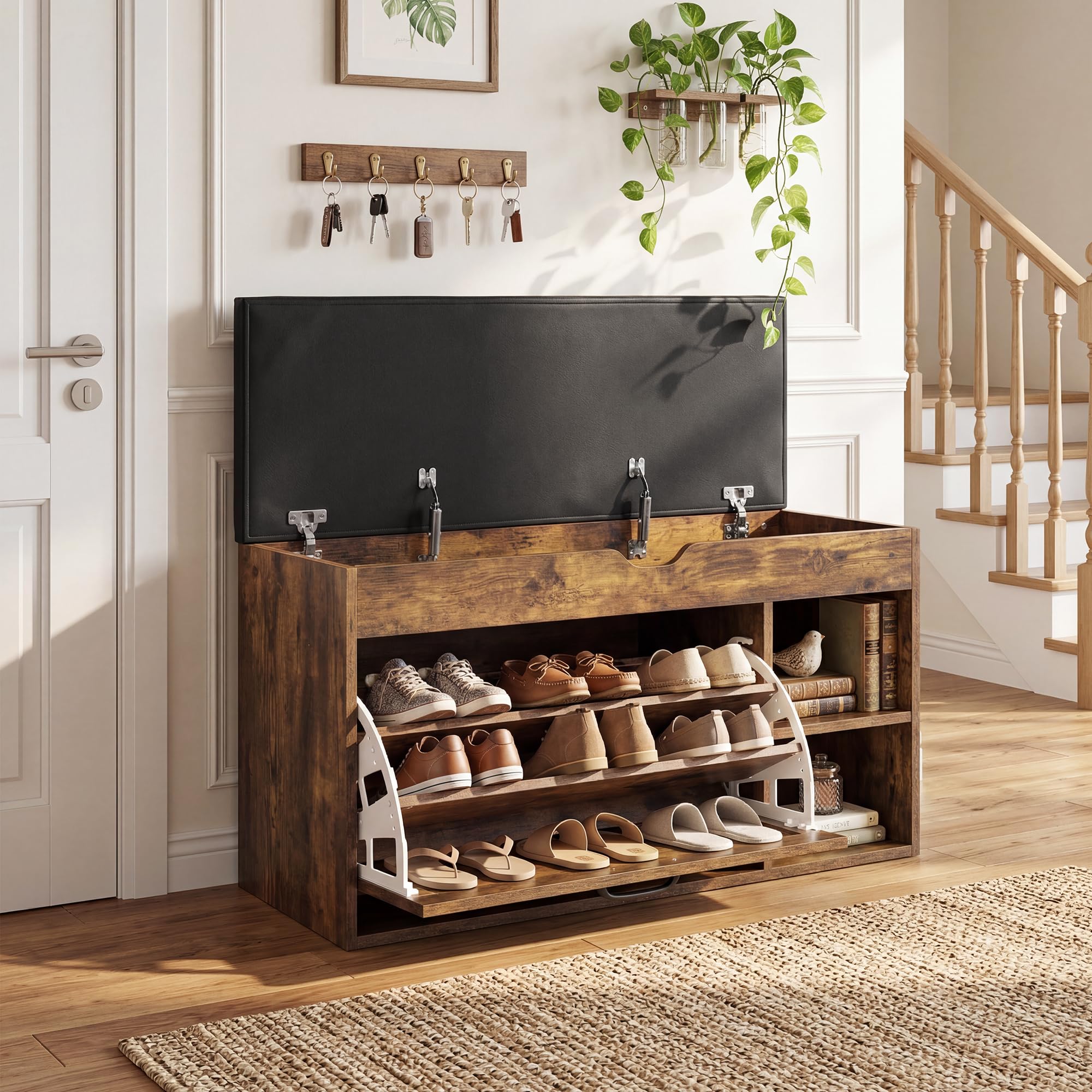 BonVache Banc à Chaussures avec Assise, Banc à Chaussures à 3 Compartiments avec Compartiment de Rangement, étagères réglables, étagère Salon ou l'entrée, Charge maximale de 150 kg, Marron Vintage