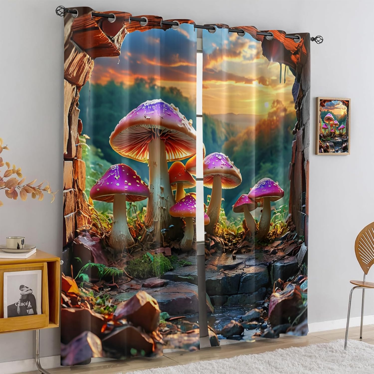 Mushroom Landscape Blackout Window Curtain, Colourful Mushrooms 3D Printed Drapes, Darkening Thermal Insulated Drapes for Bedroom Living Room Set of 2 Curtain Panels 27" W x 39" L x2