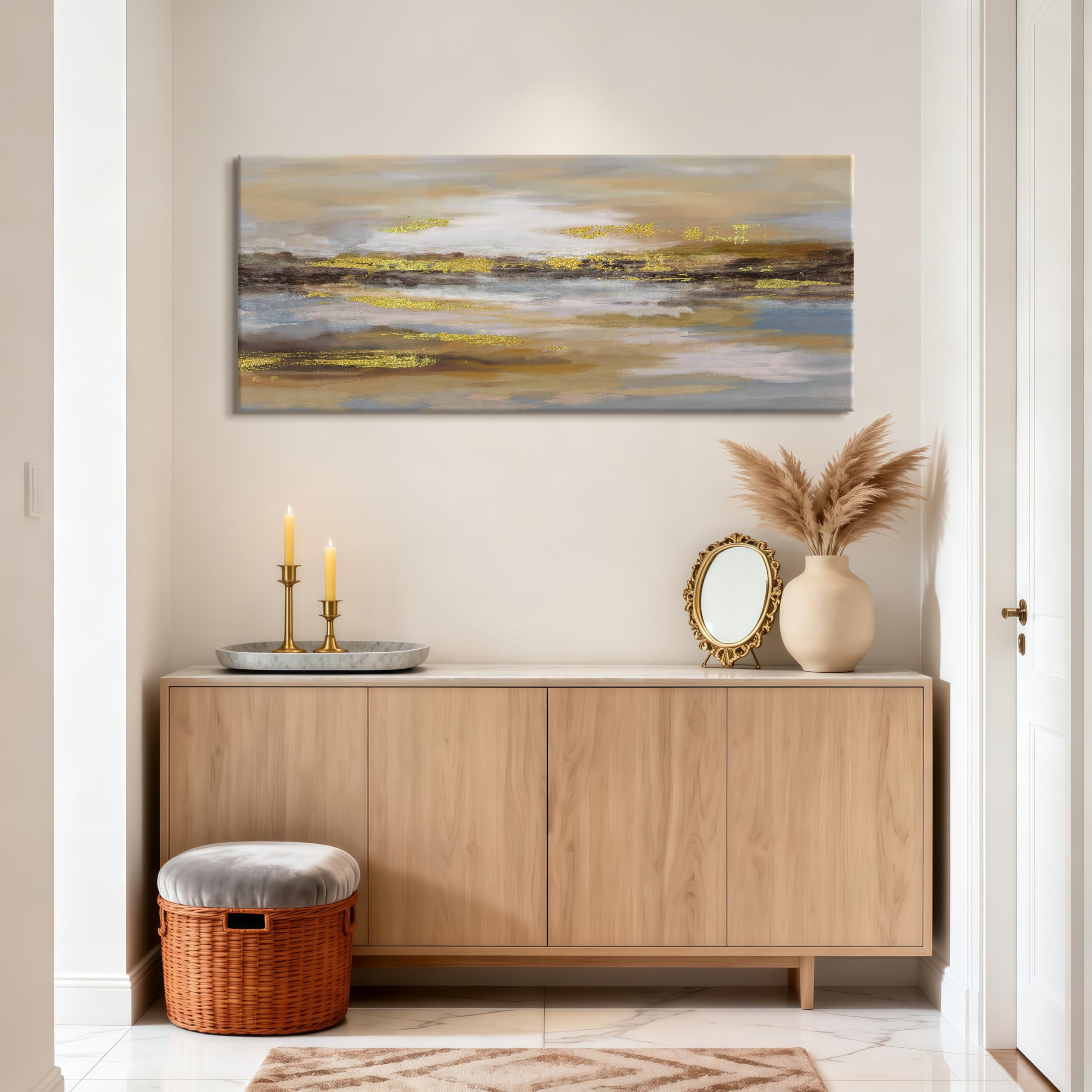 Abstrakt Neutral Großes Leinwand Bilder Mit Rahmen Minimalistisch Goldfarben Braun Bild Auf Leinwand Wandkunst Modern Nordisch Grau Blau Wandbilder Kunstdruck Deko für Wohnzimmer Schlafzimmer 120x50cm