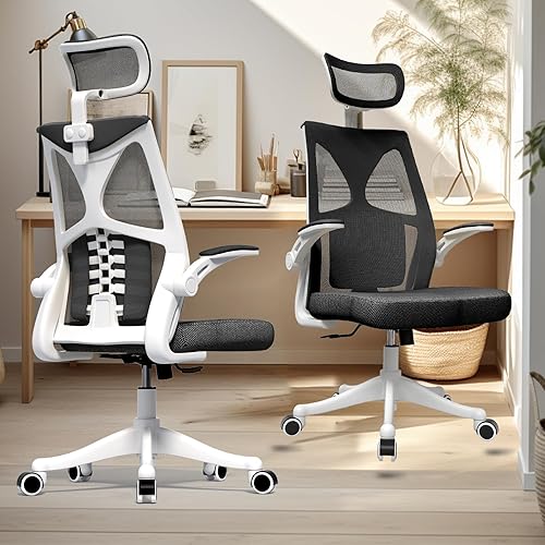 Ergonomic Office Chair, Computer Mesh Chair, Home Office Desk Chairs with Adjustable Headrest and Height, High Back Swivel Task Chair with Flip Up Armrest for Study and Work