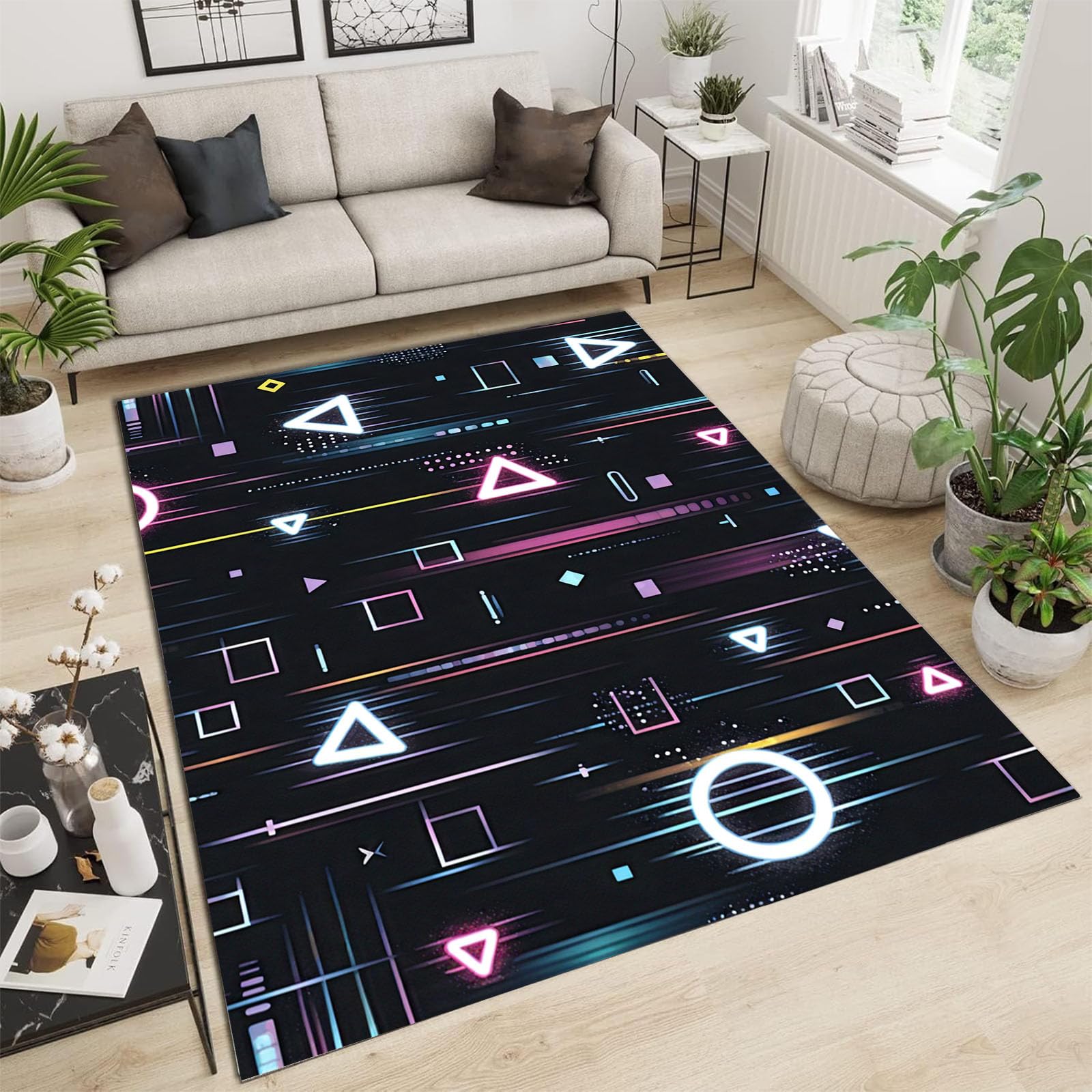 Tapis poils courts lavable 200x300 moquette chambre abstrait géométrique
