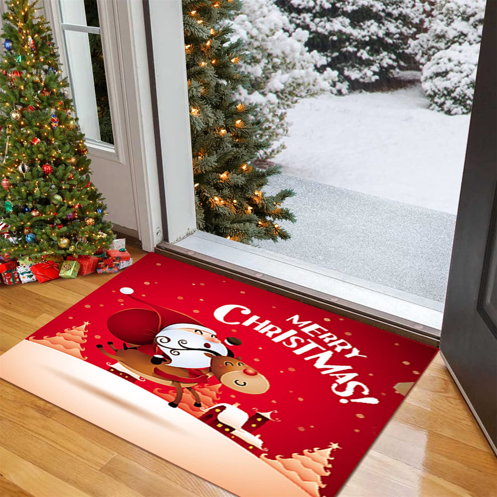 Zerbino Natalizio, Tappeto di Natale Antiscivolo Tappeto Ingresso Natalizio Tappeto Passatoia del Corridoio di Natale,Tappeto Rosso per Soggiorno/Cucina/Bagno,80x200cm