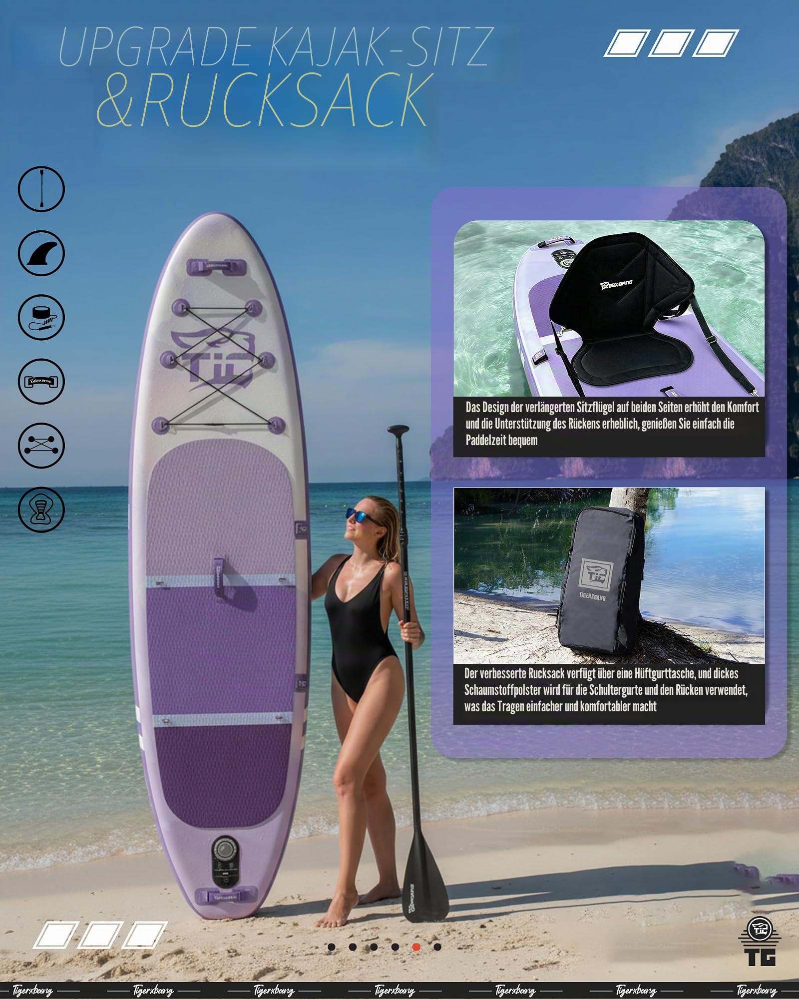 TIGERXBANG aufblasbares Paddleboard 320x82x15cm, UV-geschütztes SUP Lila mit Gradient, Sitz, verstellbares Paddel und komplettes Zubehör, stabiles Allround-Design