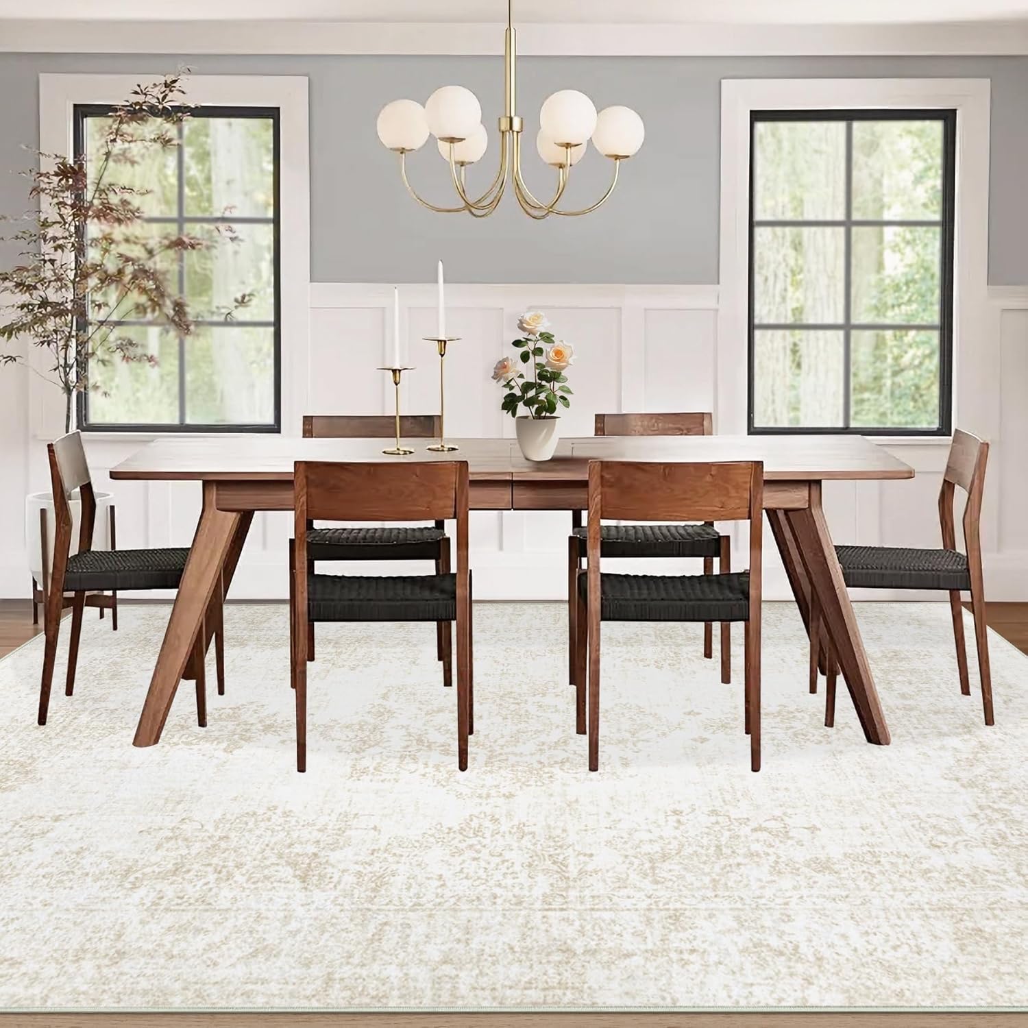 Vintage Living Room Area Rug - 8x10 Large Machine Washable Boho Moroccan Rug Distressed Farmhouse Rugs for Bedroom - Soft Non-Slip Indoor Carpet for Dining Room Office Nursery(Ivory, 8'x10')